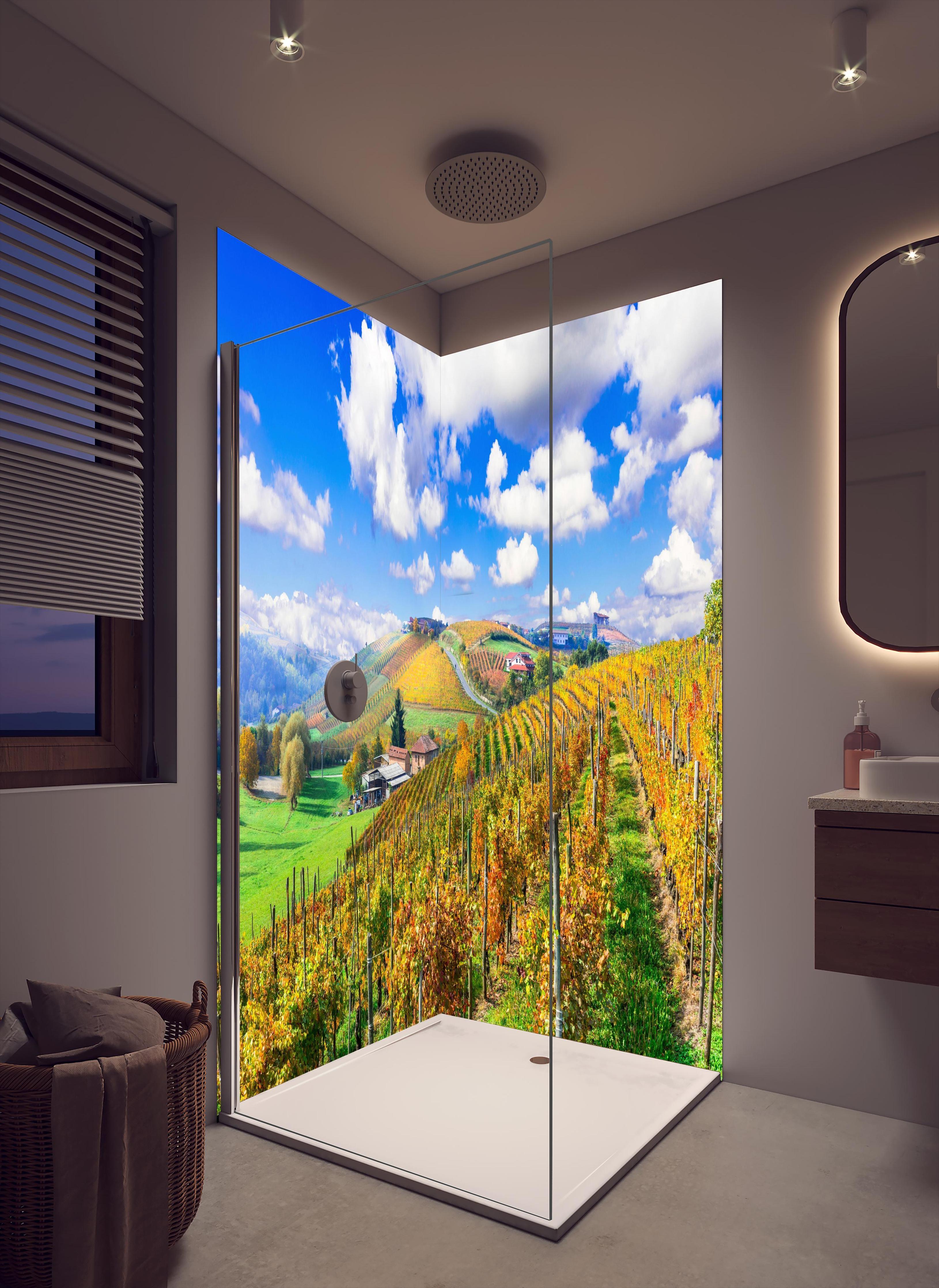 Duschrückwand - Schöne Herbstlandschaft mit Weinbergen - Toskana in cremefarbenem Badezimmer mit Regenduschkopf