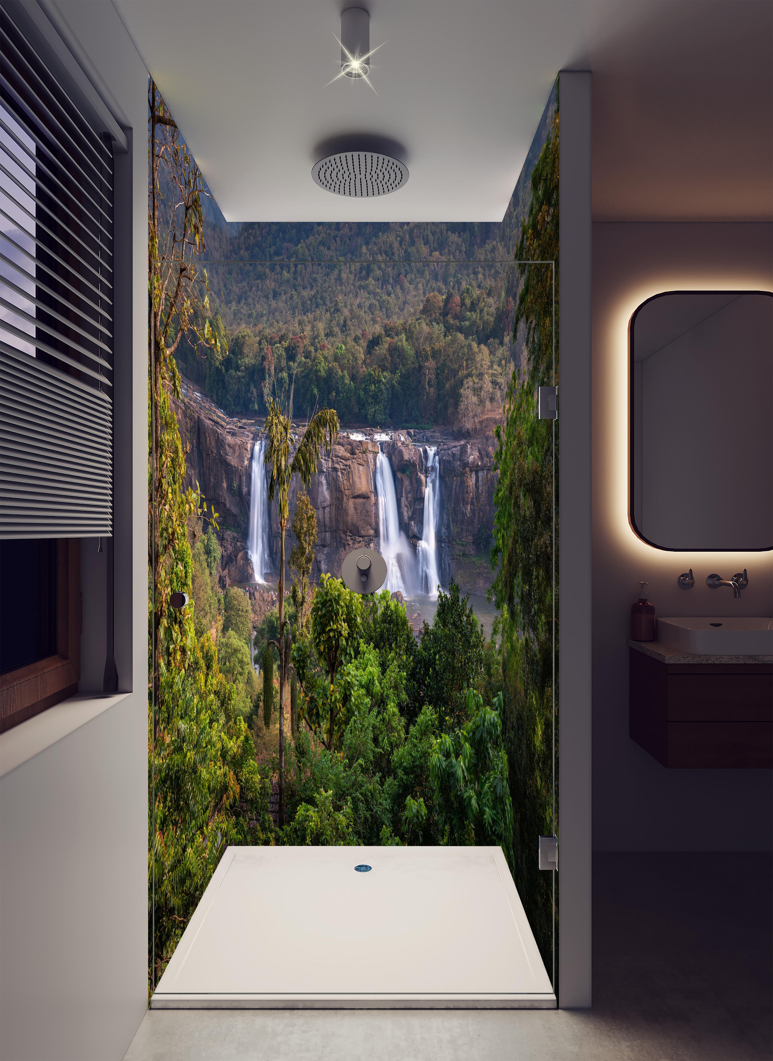 Duschrückwand - Schöne Langzeitbelichtung der Athirappilly-Wasserfälle in luxuriöser Dusche mit Regenduschkopf