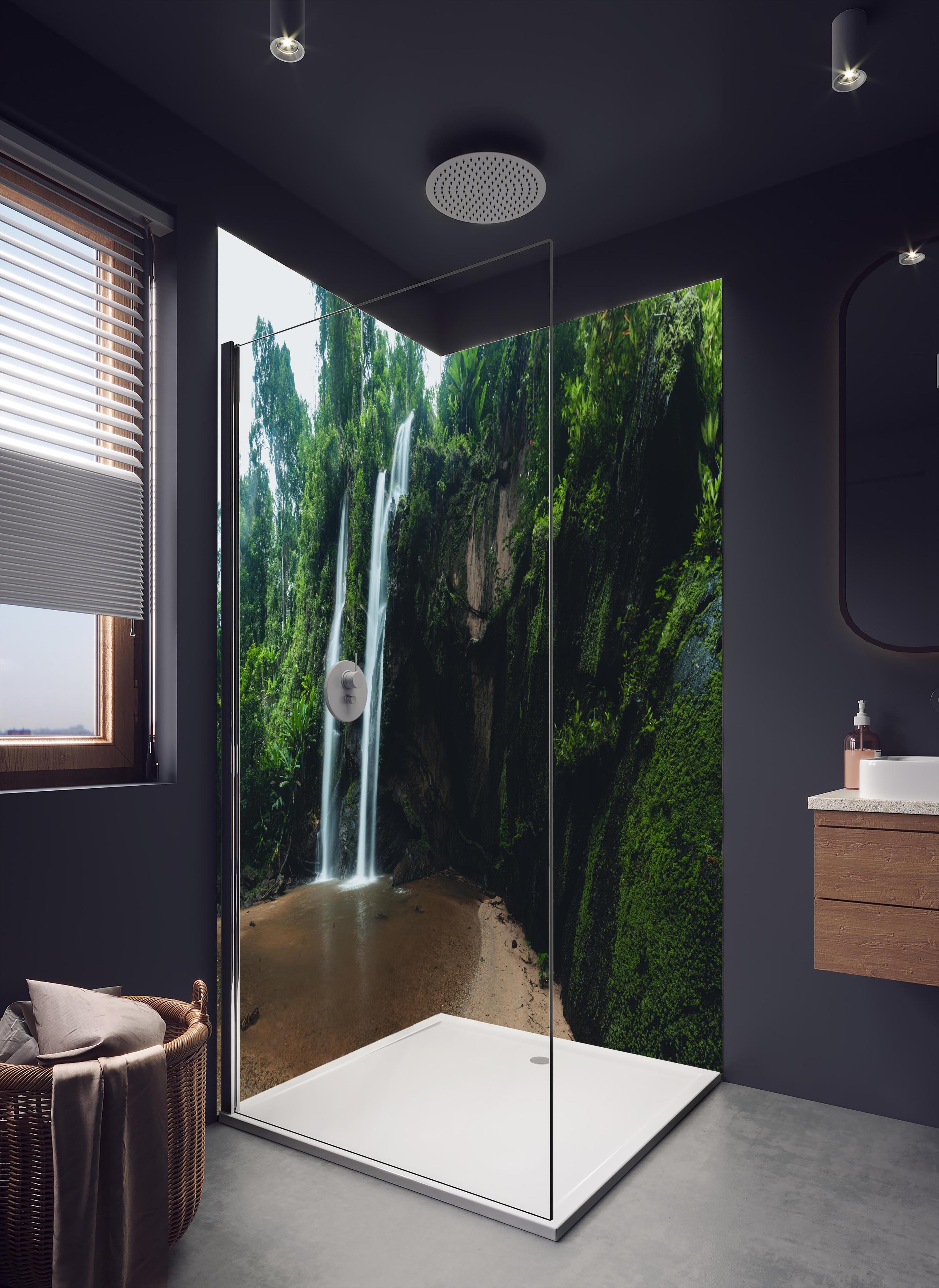 Duschrückwand - Schöner Wasserfall im Dschungel in dunklem Badezimmer mit Regenduschkopf