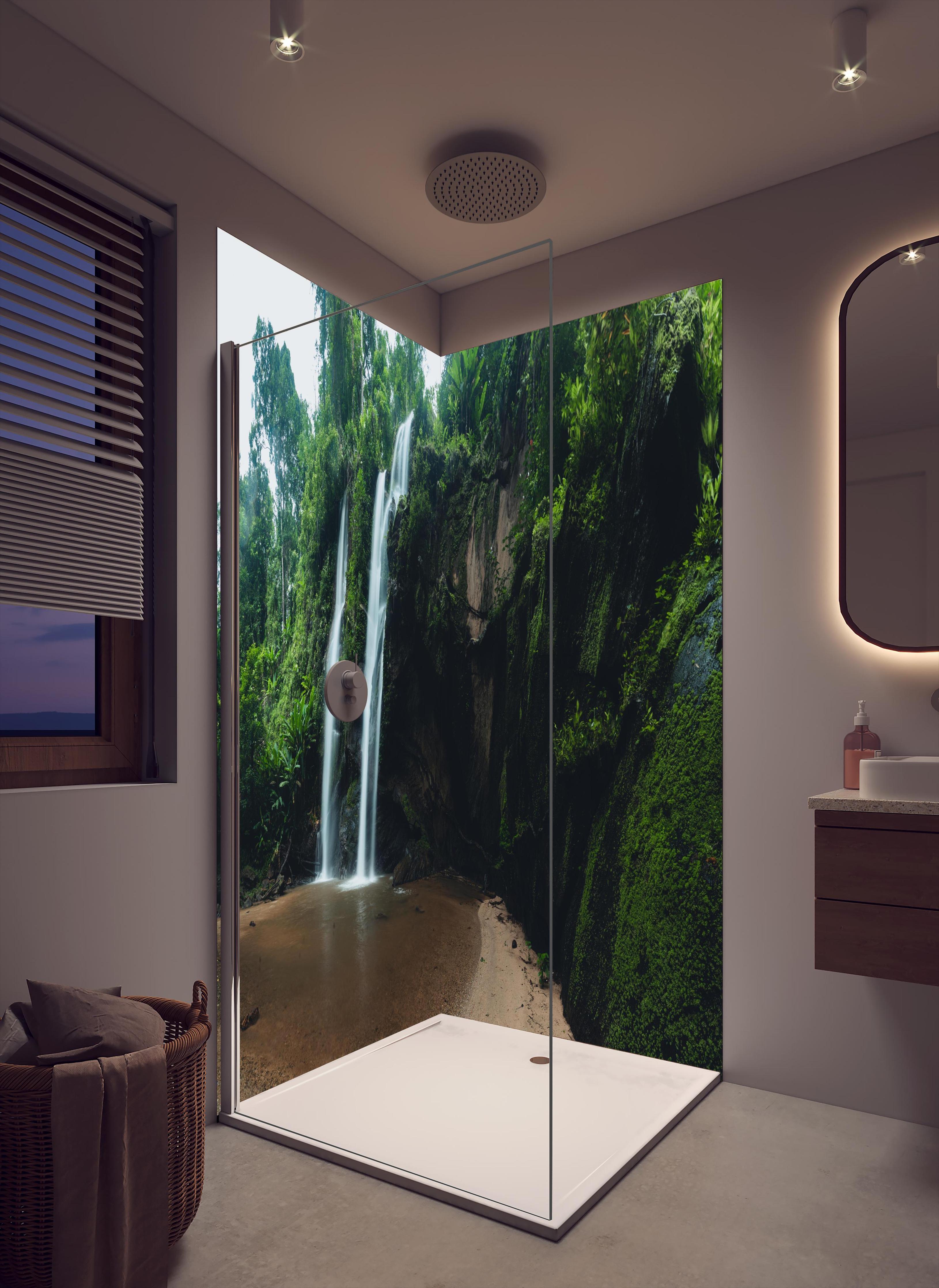 Duschrückwand - Schöner Wasserfall im Dschungel in cremefarbenem Badezimmer mit Regenduschkopf