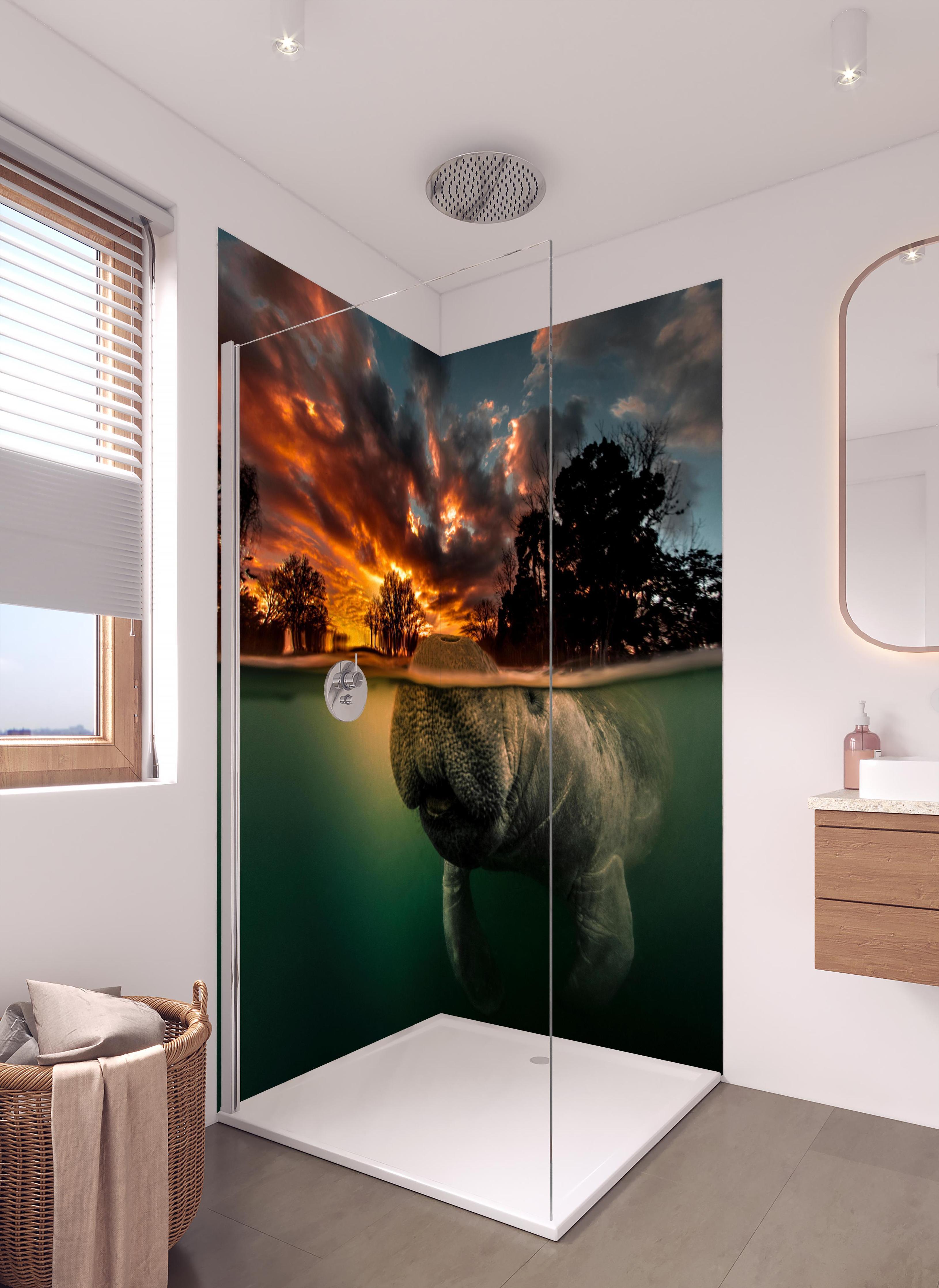 Duschrückwand - Seekuh taucht in Florida auf in hellem Badezimmer mit Regenduschkopf - zweiteilige Eck-Duschrückwand