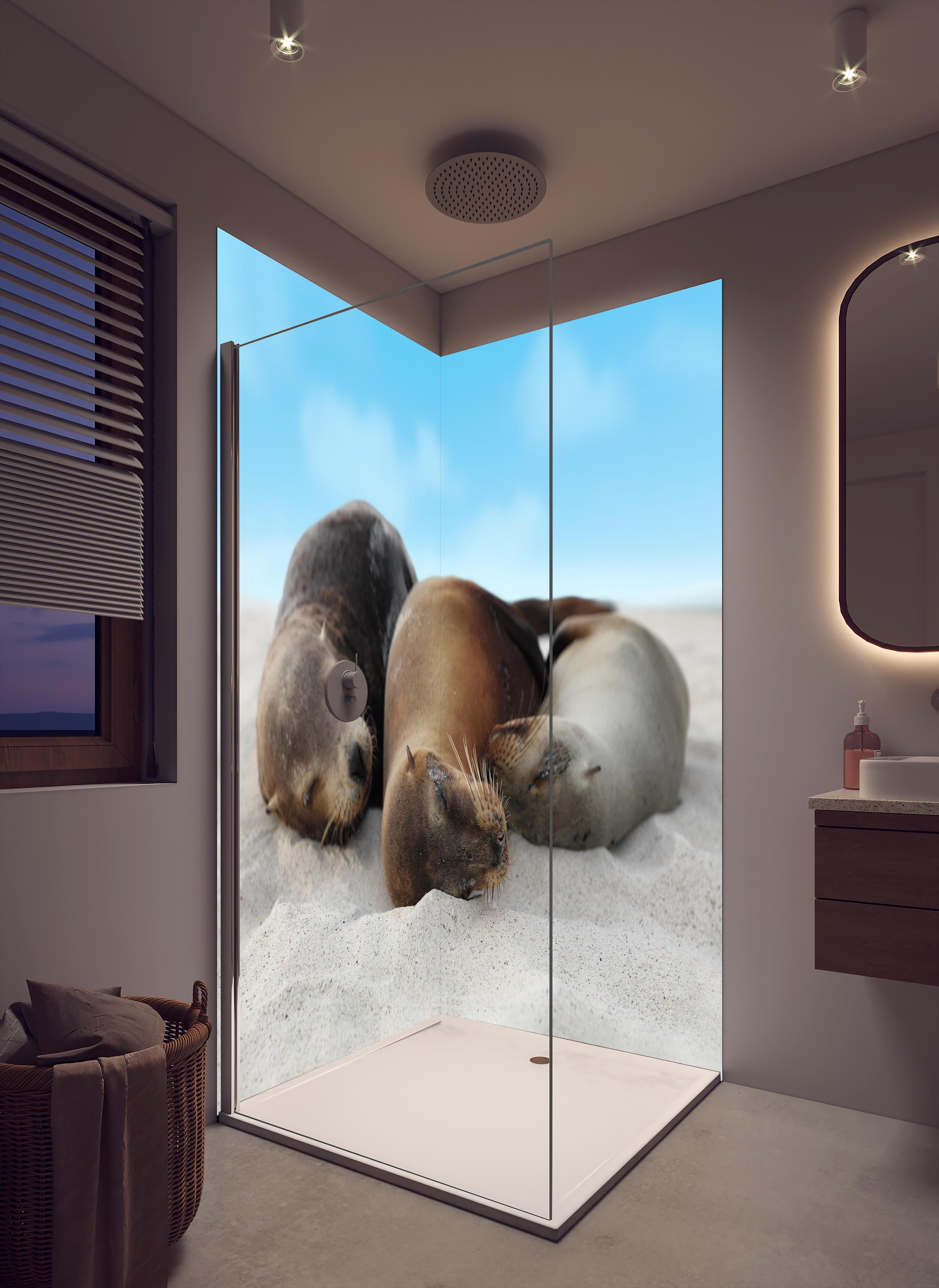 Duschrückwand - Seelöwen im Sand liegend in cremefarbenem Badezimmer mit Regenduschkopf