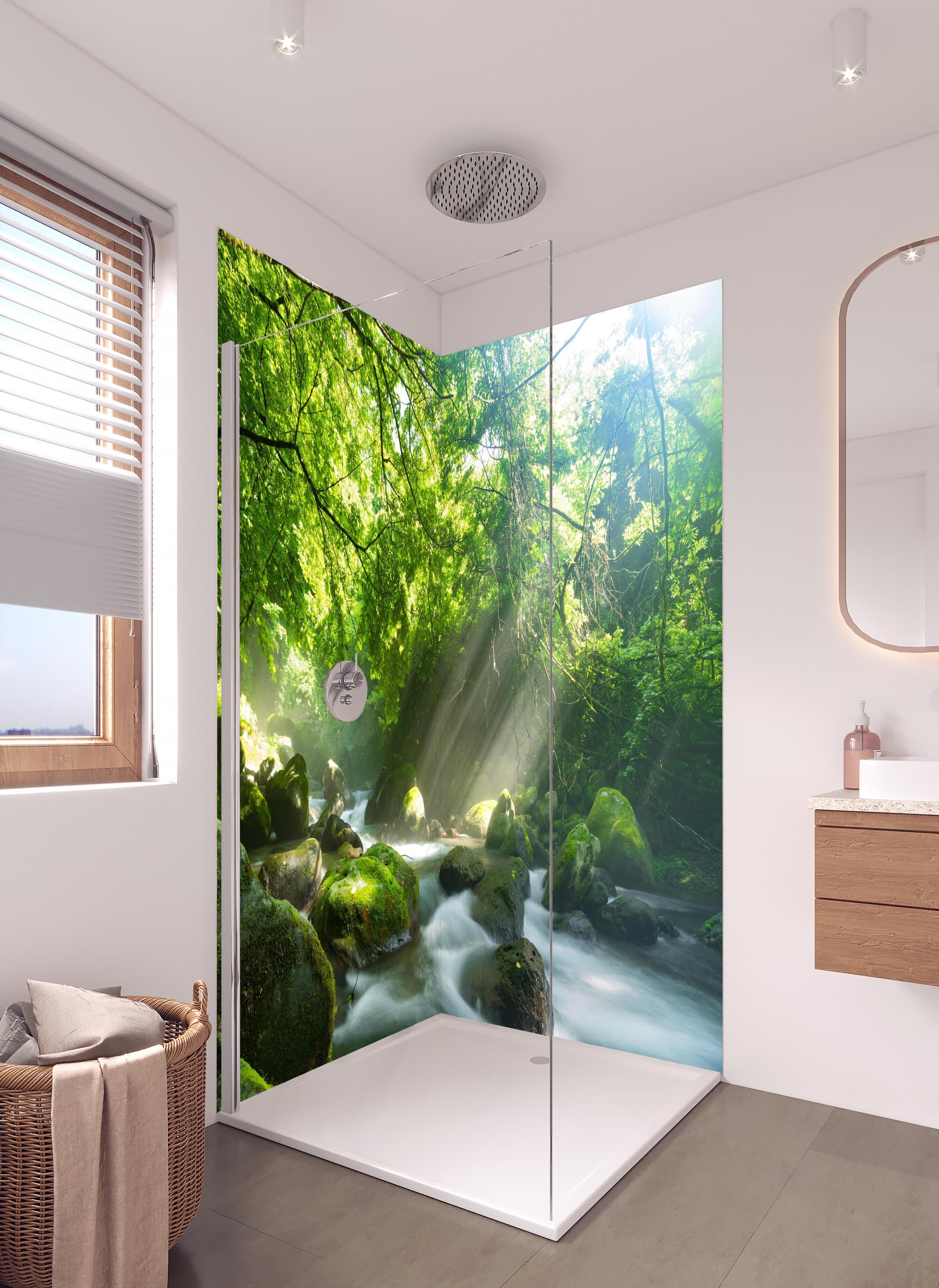 Duschrückwand - Shangrenzawa in hellem Badezimmer mit Regenduschkopf - zweiteilige Eck-Duschrückwand