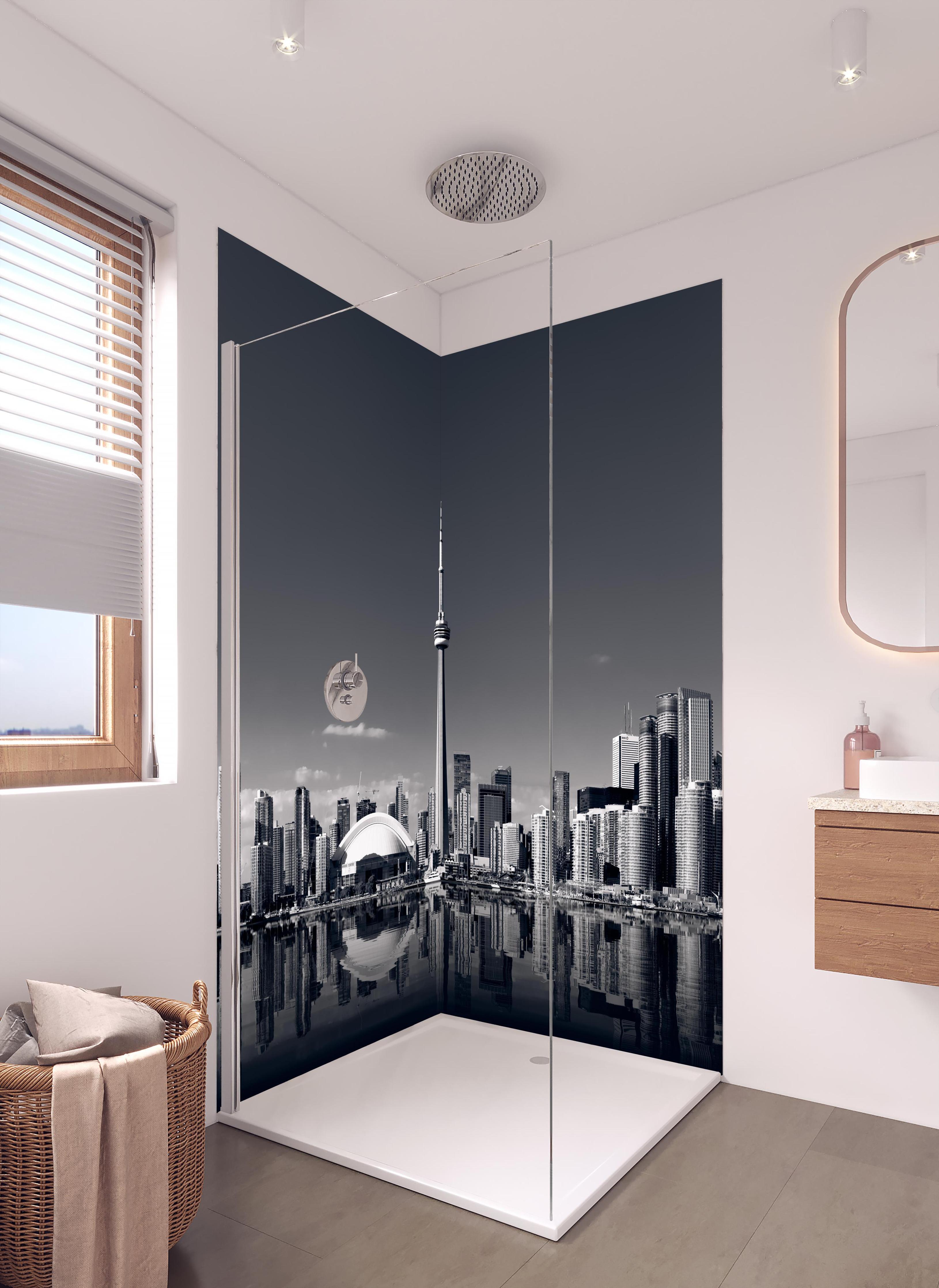 Duschrückwand - Skyline von Toronto mit CN Turm in schwarz weiß in hellem Badezimmer mit Regenduschkopf - zweiteilige Eck-Duschrückwand