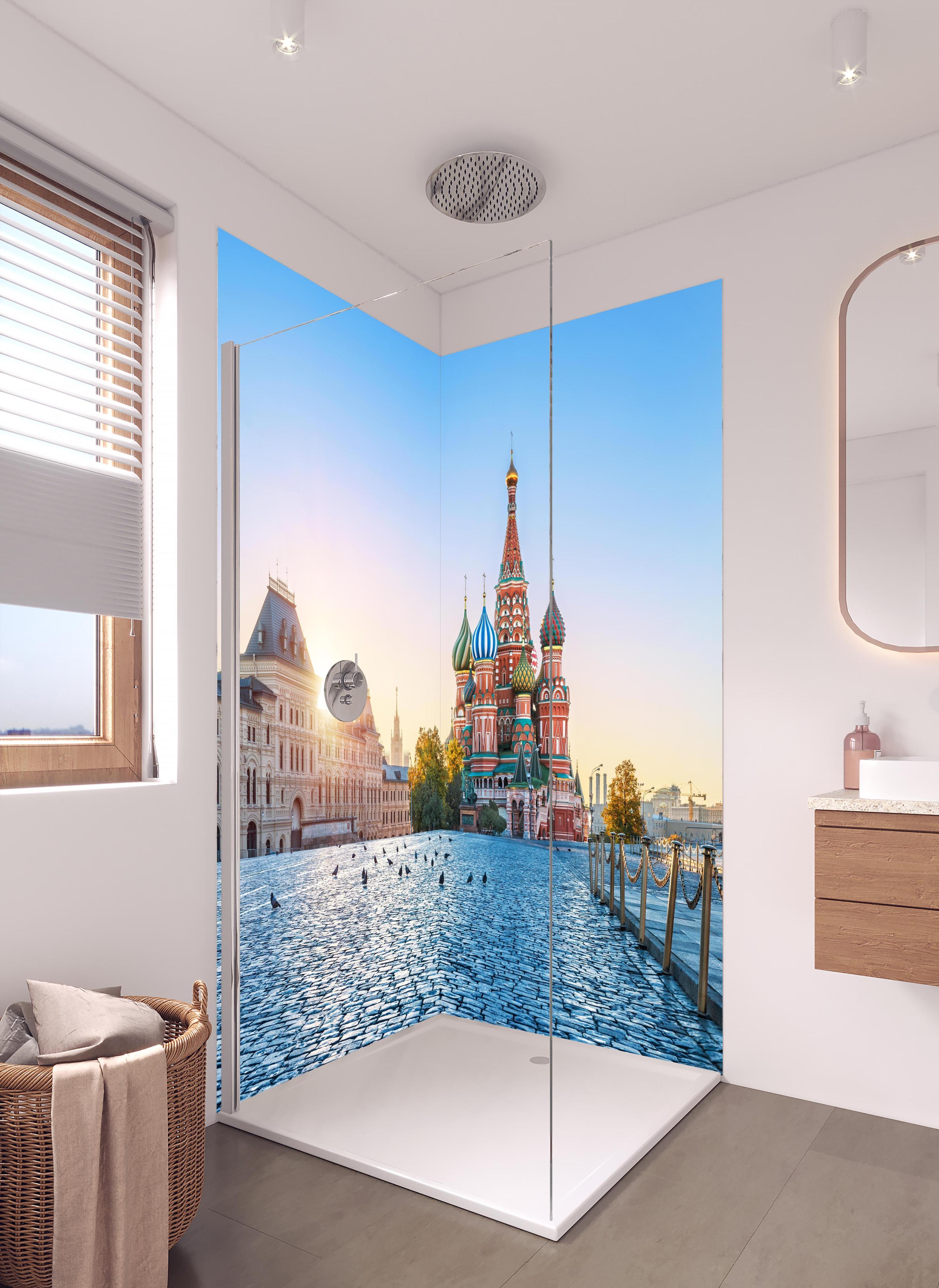 Duschrückwand - Sonnenaufgang an der Basilius-Kathedrale in hellem Badezimmer mit Regenduschkopf - zweiteilige Eck-Duschrückwand