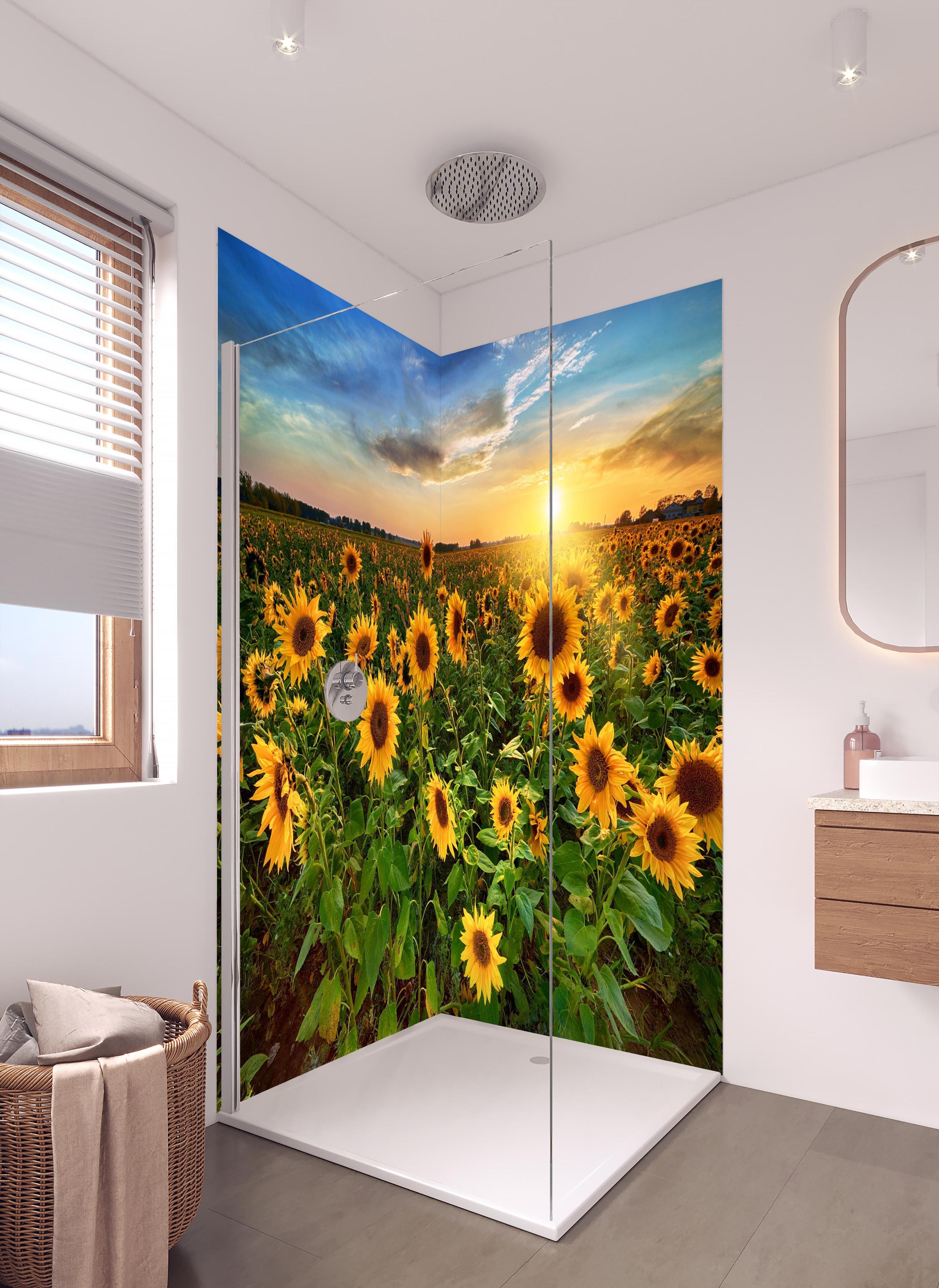 Duschrückwand - Sonnenuntergang über Sonnenblumenfeld in Hessen in hellem Badezimmer mit Regenduschkopf - zweiteilige Eck-Duschrückwand