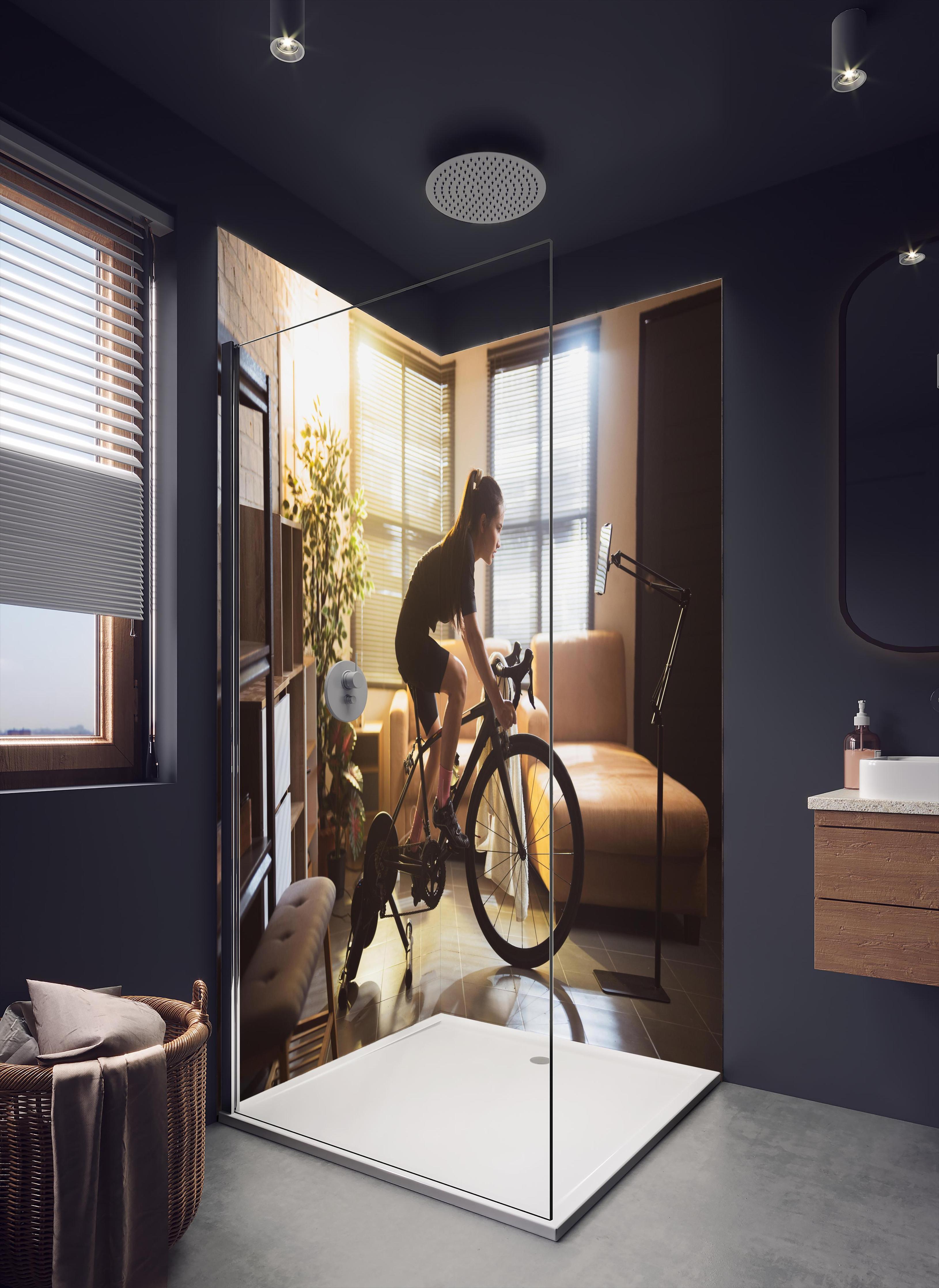 Duschrückwand - Sportliche Radfahrerin in dunklem Badezimmer mit Regenduschkopf