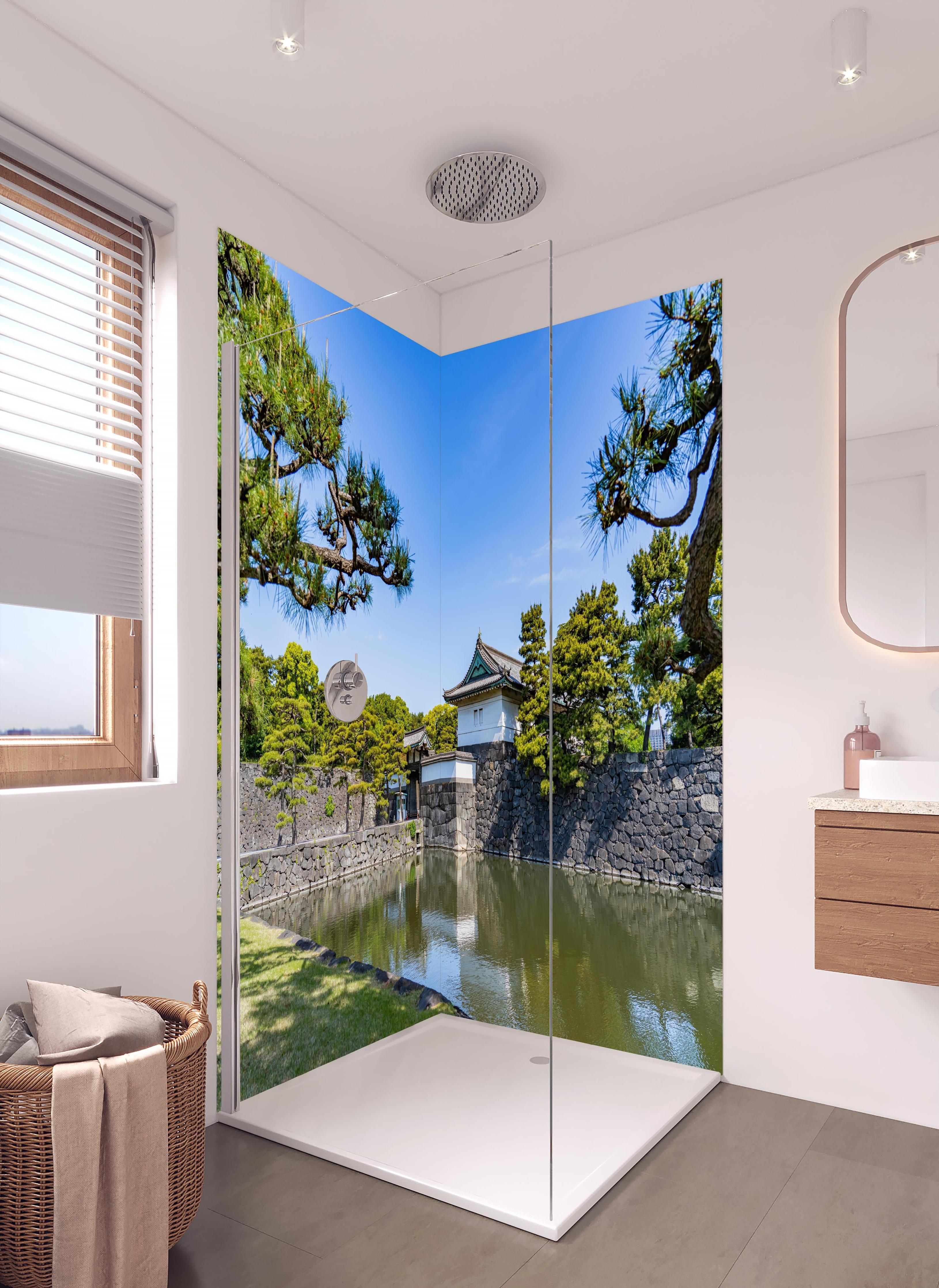 Duschrückwand - Stadtlandschaft von Tokio in hellem Badezimmer mit Regenduschkopf - zweiteilige Eck-Duschrückwand