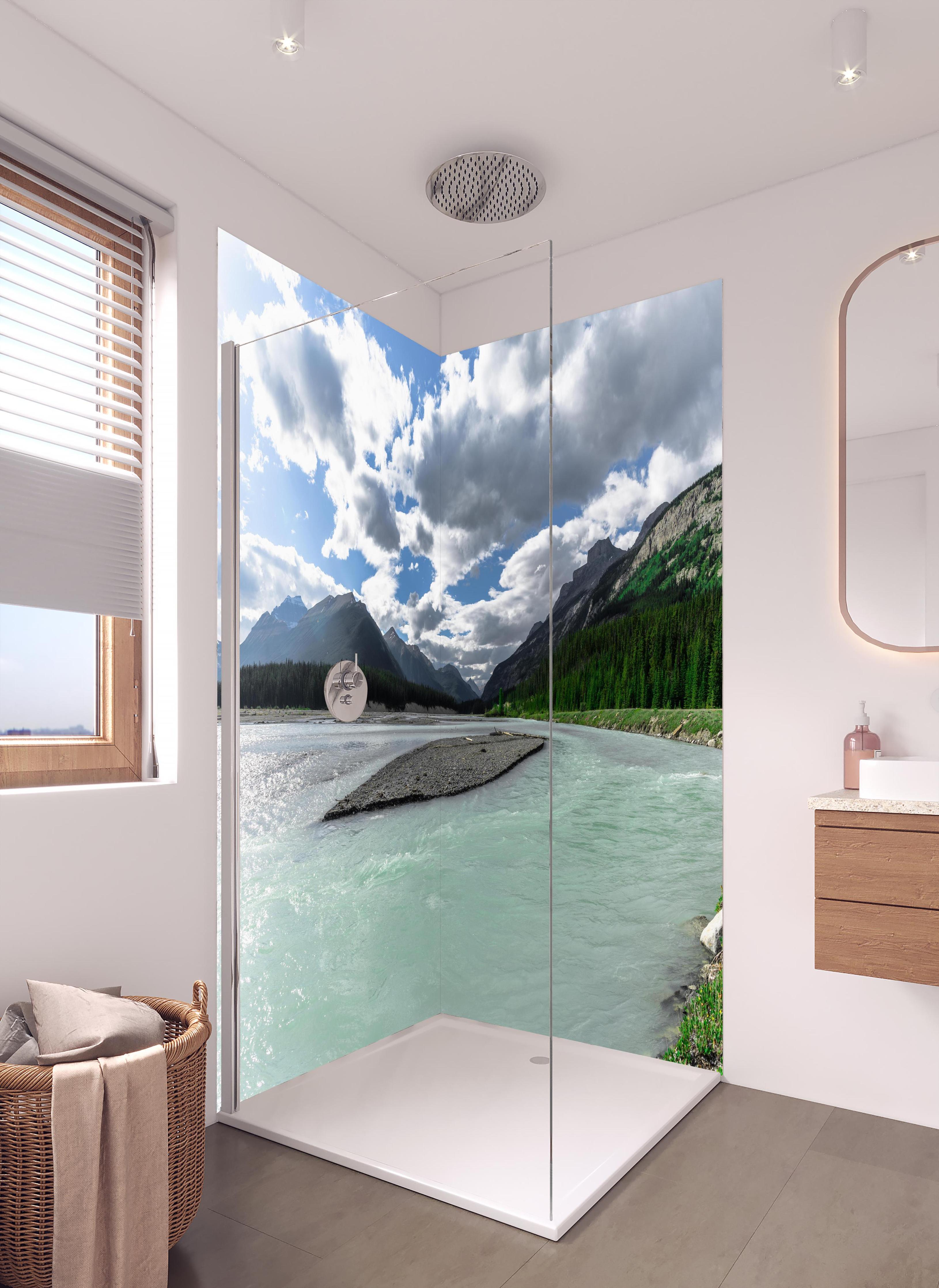 Duschrückwand - Steinlandschaft auf dem Wasser in Banff in hellem Badezimmer mit Regenduschkopf - zweiteilige Eck-Duschrückwand