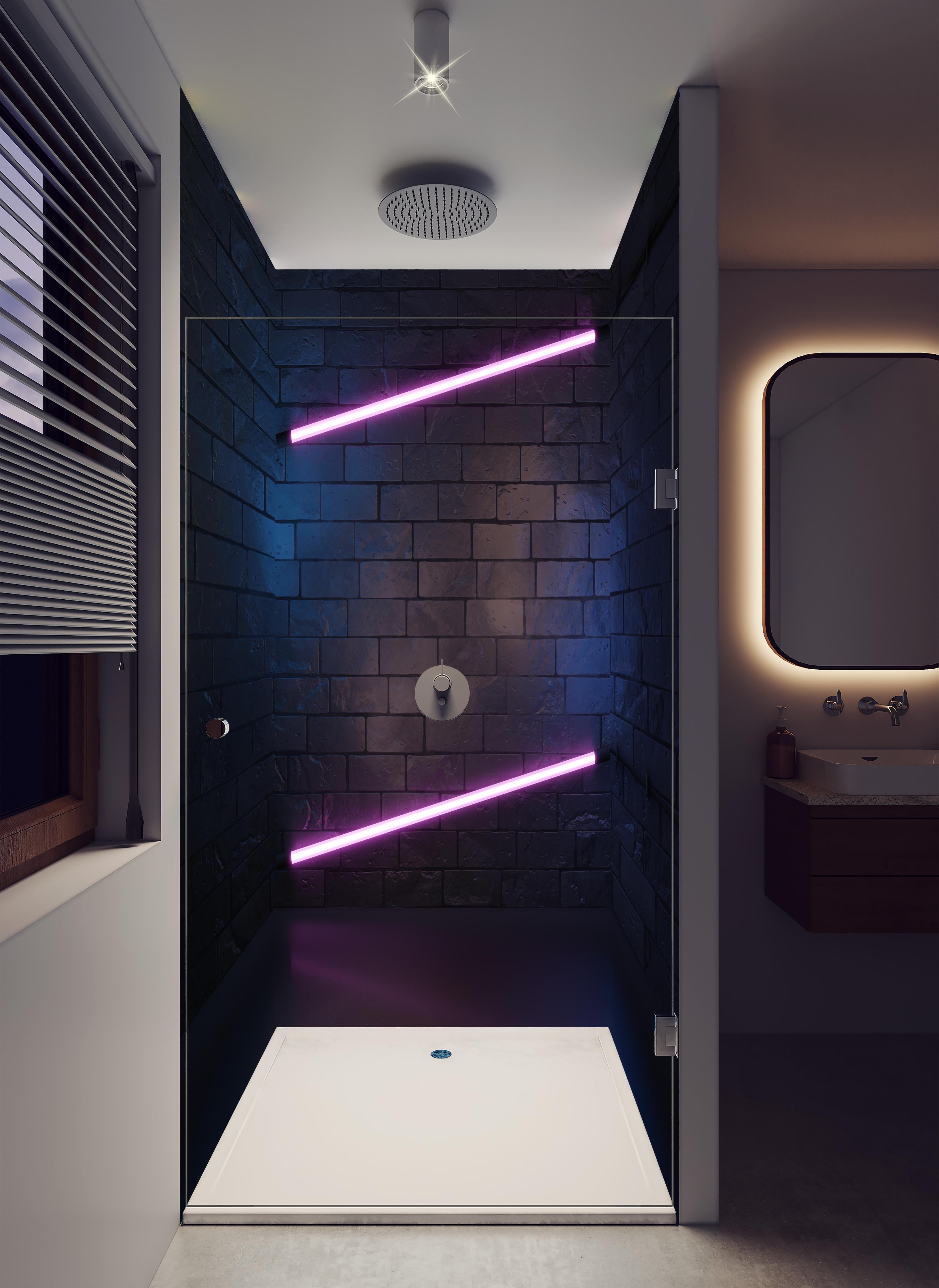 Duschrückwand - Stilvoller moderner lila Neonlichtrahmen in luxuriöser Dusche mit Regenduschkopf