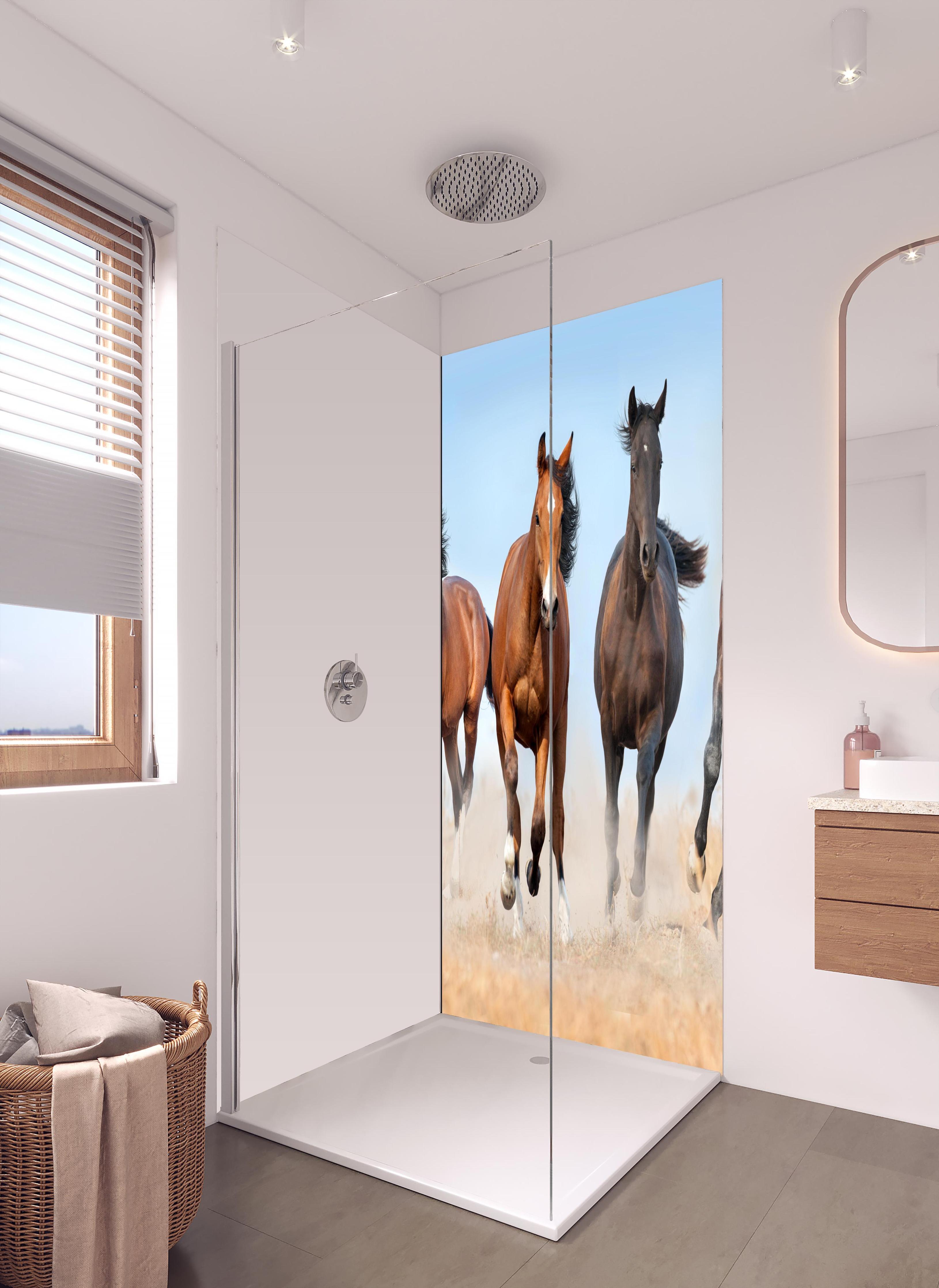 Duschrückwand - Stolz trabende Pferde in hellem Badezimmer mit Regenduschkopf - einteilige Duschrückwand