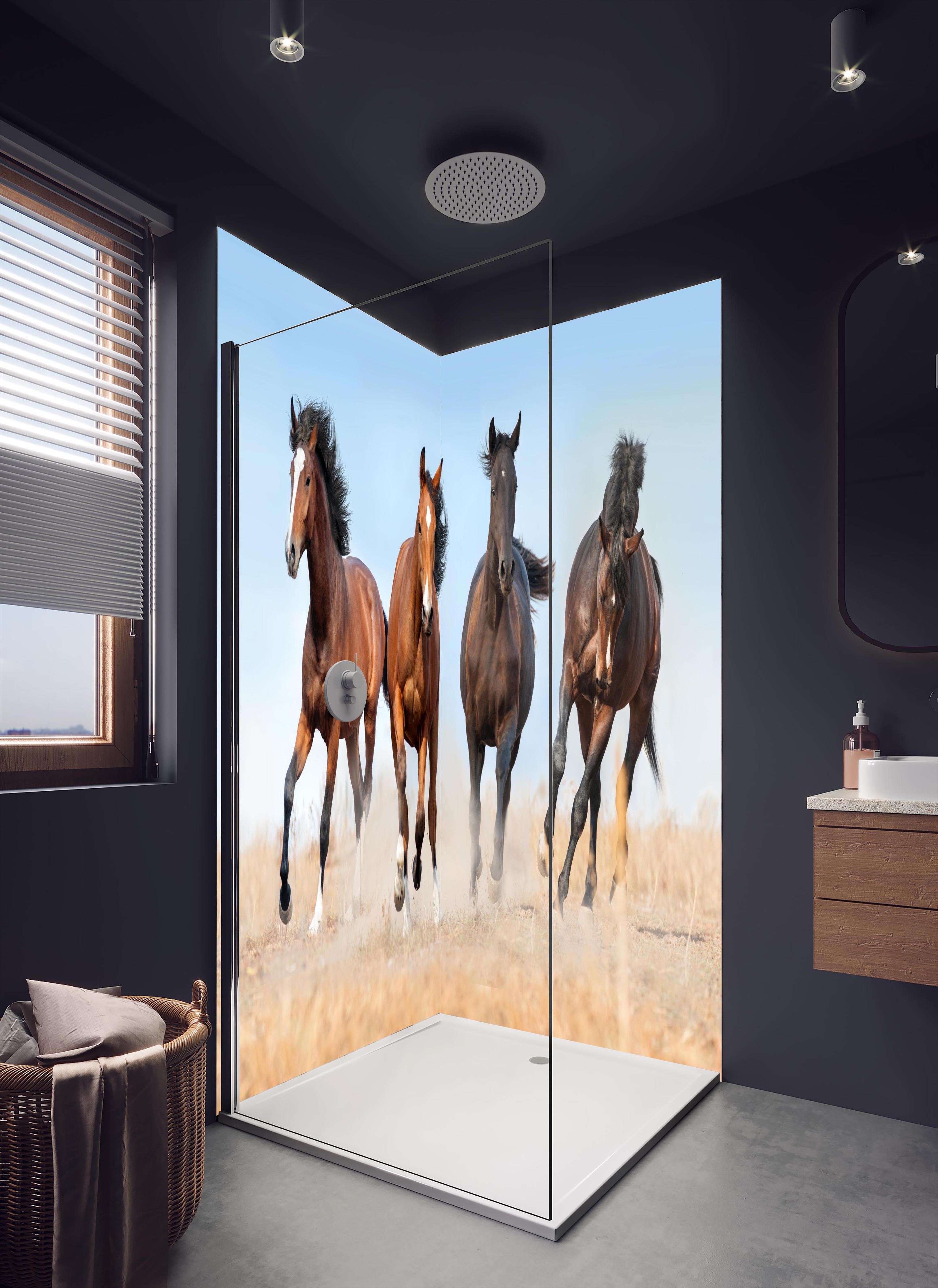 Duschrückwand - Stolz trabende Pferde in dunklem Badezimmer mit Regenduschkopf