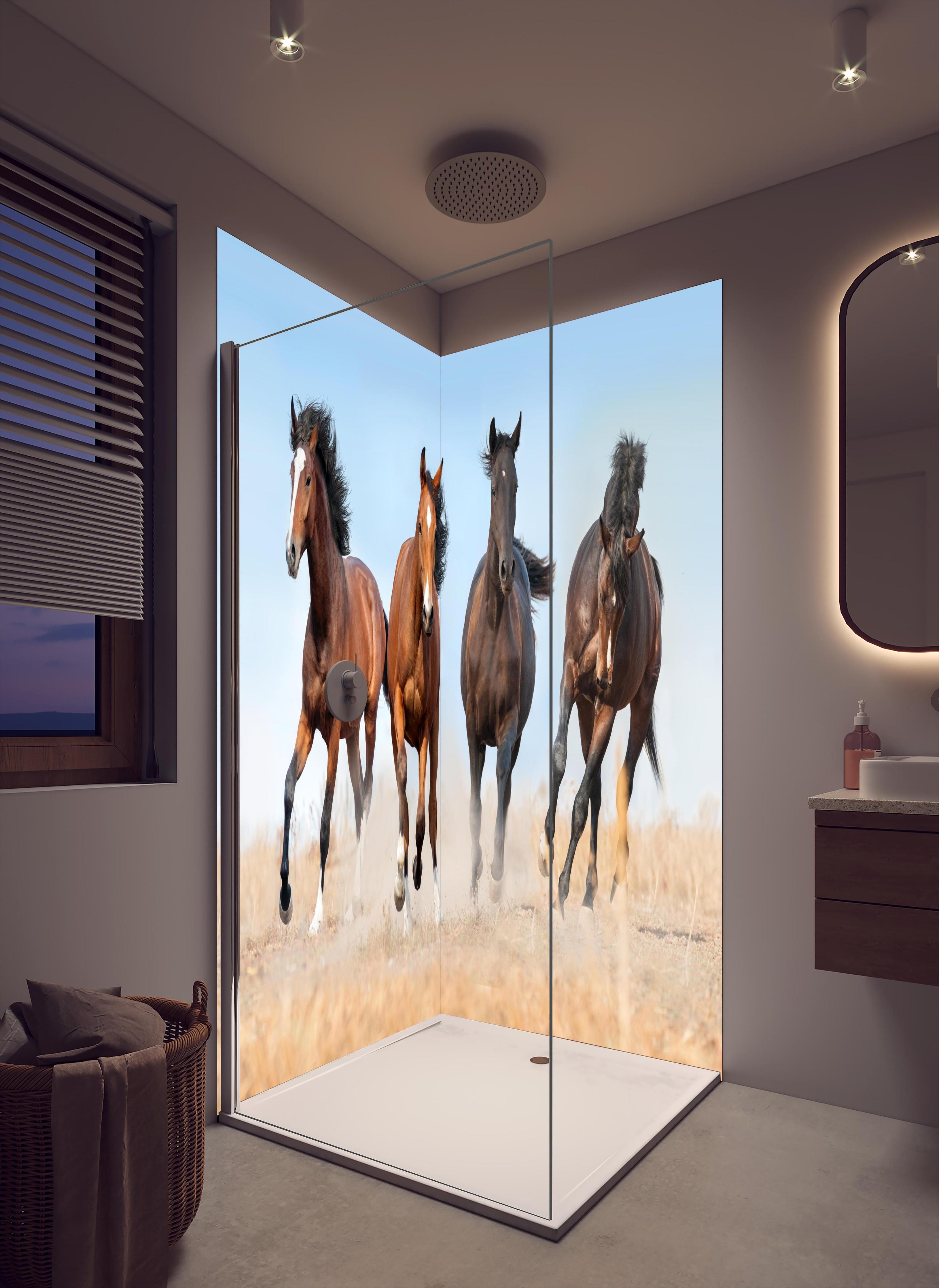 Duschrückwand - Stolz trabende Pferde in cremefarbenem Badezimmer mit Regenduschkopf