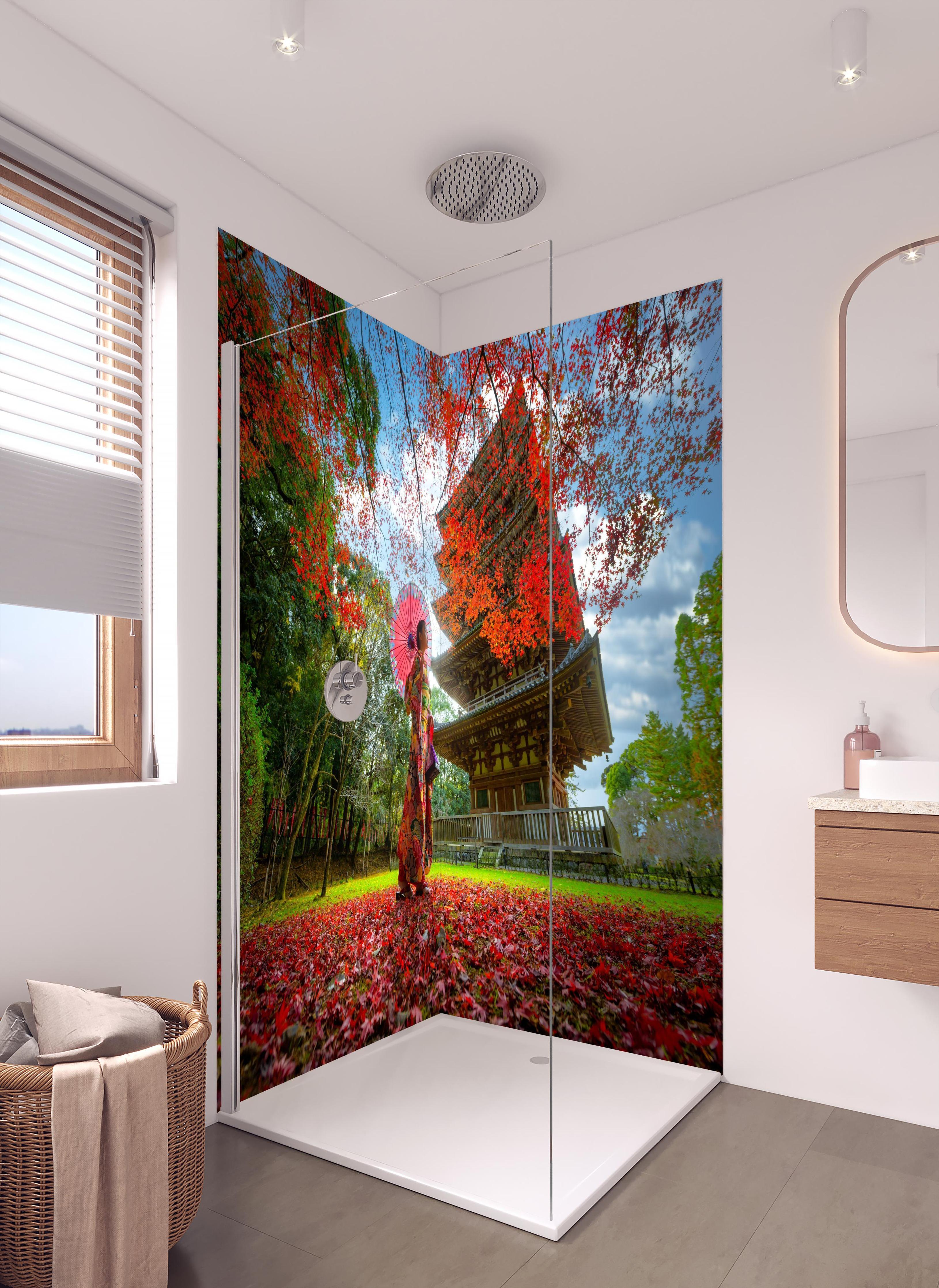 Duschrückwand - Tempel in Japan in Herbstlicher Landschaft in hellem Badezimmer mit Regenduschkopf - zweiteilige Eck-Duschrückwand