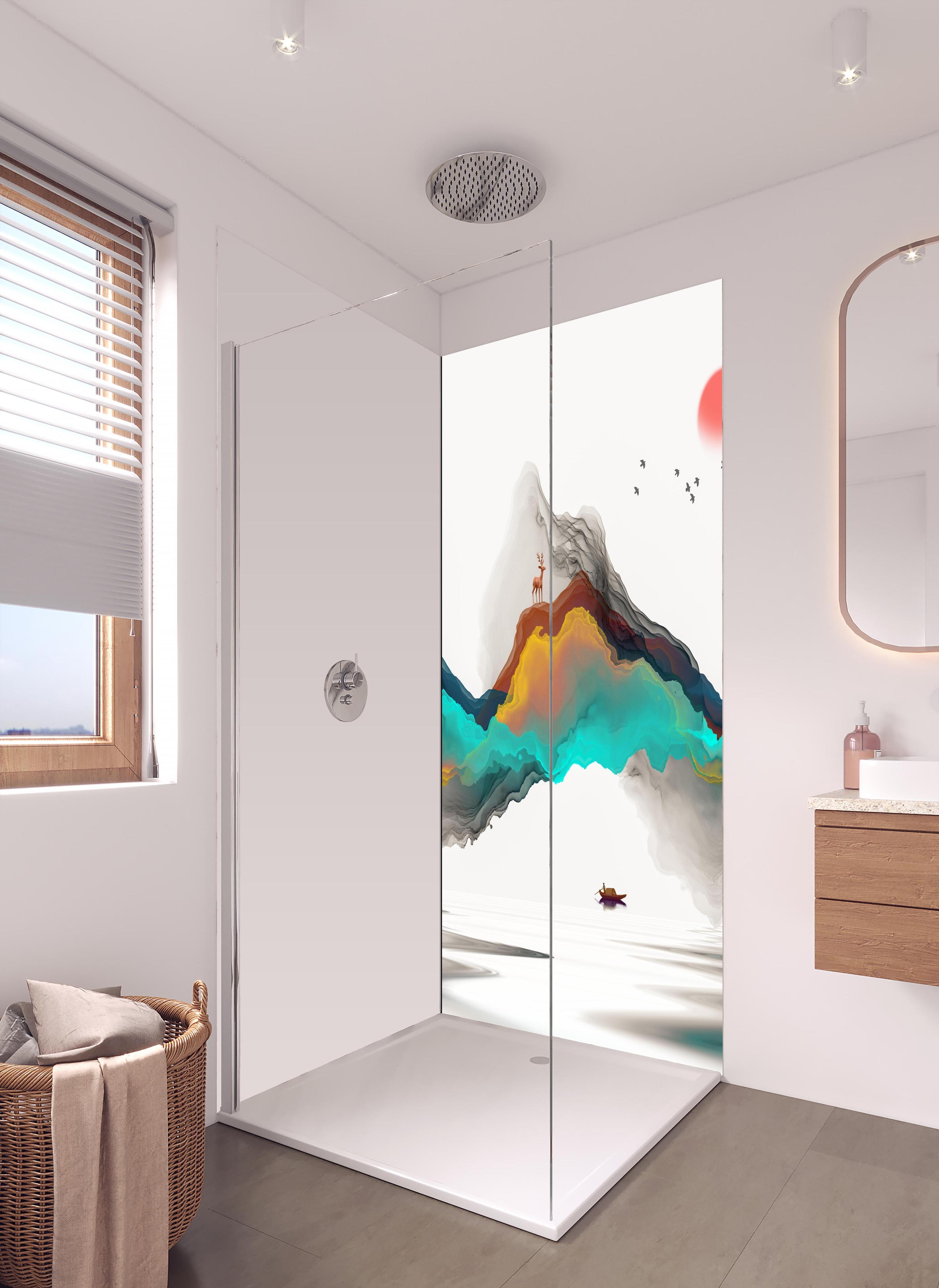 Duschrückwand - Tinte Linie Dekoration Landschaft in hellem Badezimmer mit Regenduschkopf - einteilige Duschrückwand