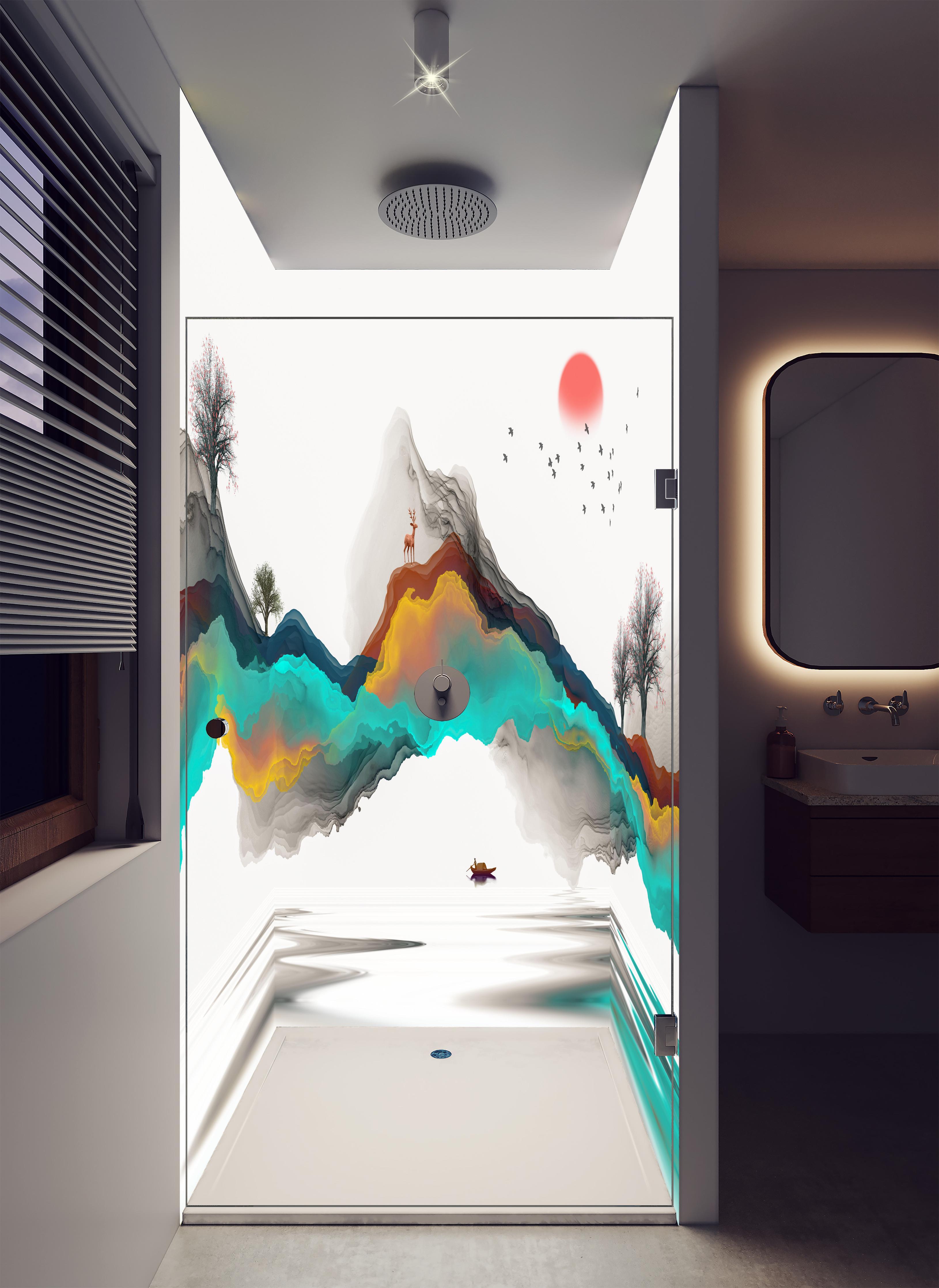 Duschrückwand - Tinte Linie Dekoration Landschaft in luxuriöser Dusche mit Regenduschkopf