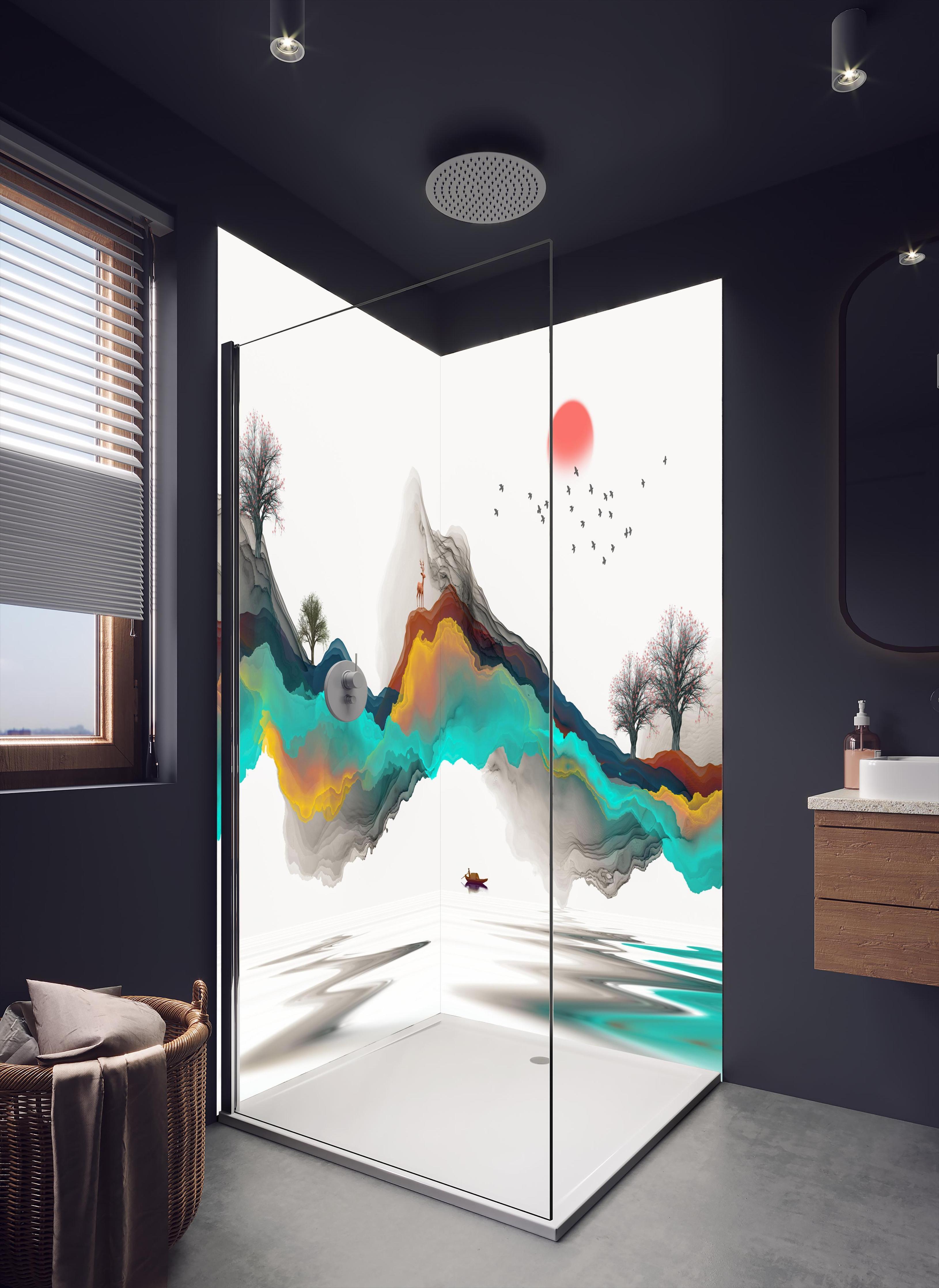 Duschrückwand - Tinte Linie Dekoration Landschaft in dunklem Badezimmer mit Regenduschkopf