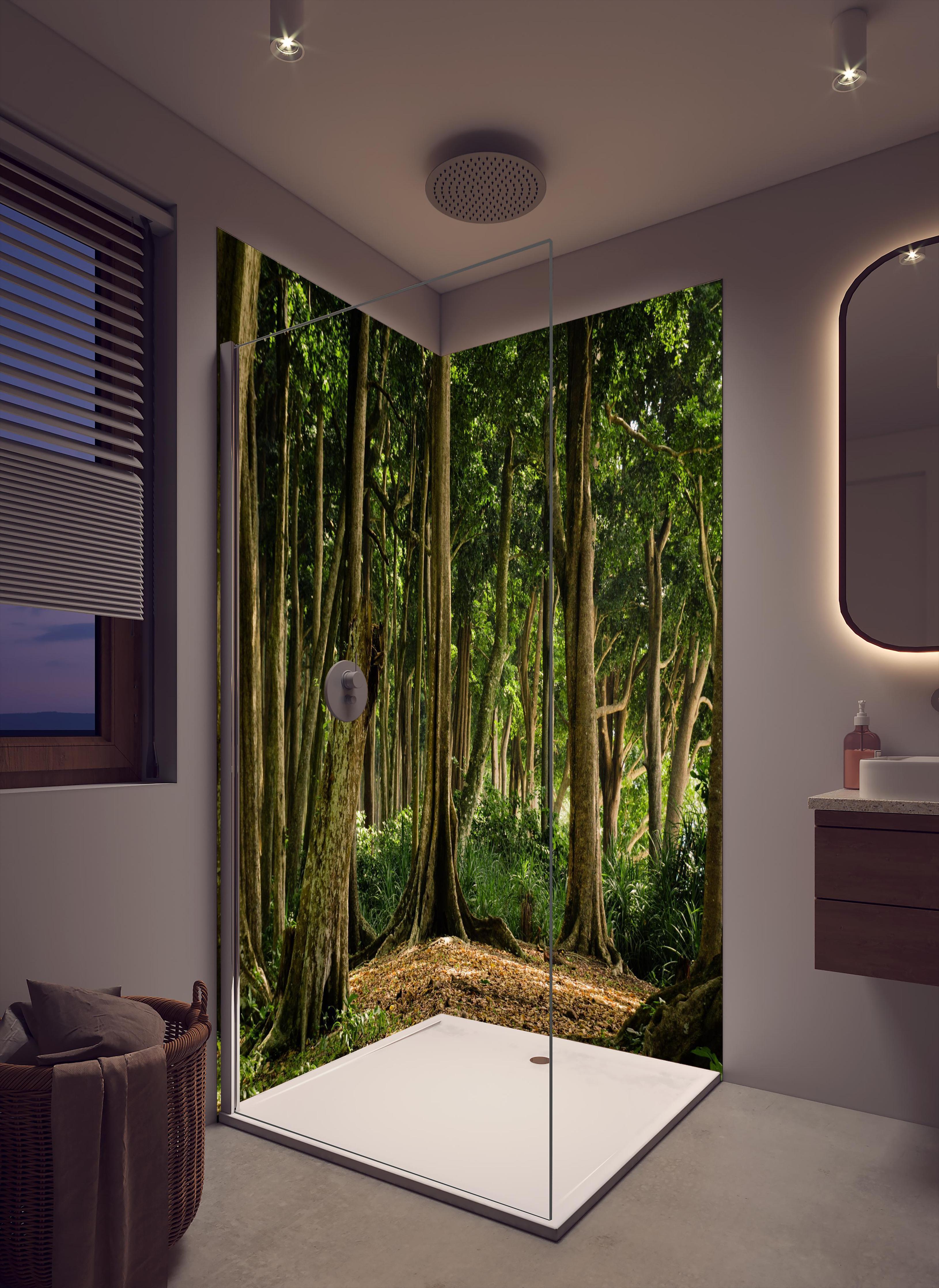 Duschrückwand - Tropischer Wald auf der Insel Havelock in cremefarbenem Badezimmer mit Regenduschkopf