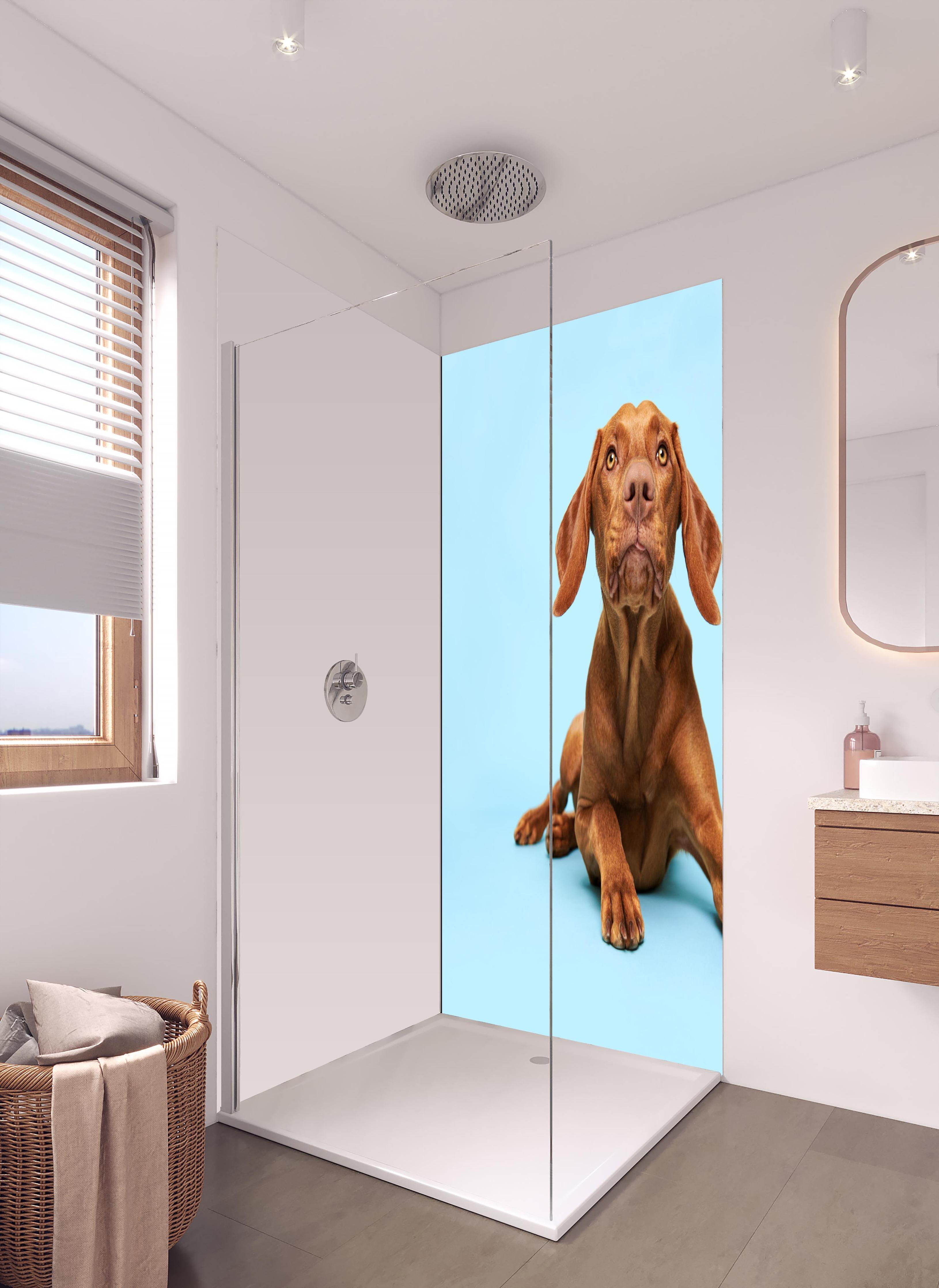 Duschrückwand - Ungarischer Vizsla-Welpe Portrait in hellem Badezimmer mit Regenduschkopf - einteilige Duschrückwand
