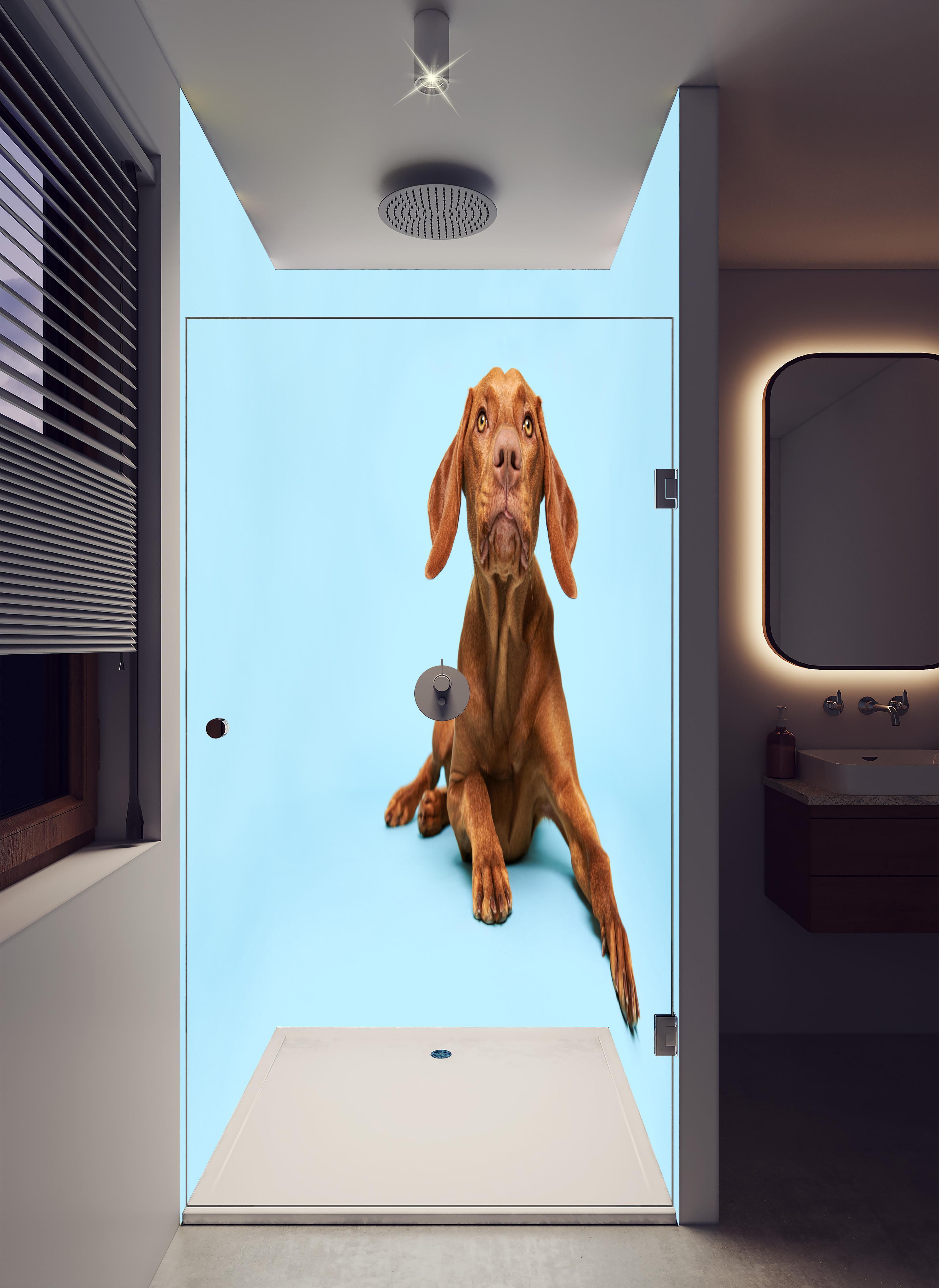 Duschrückwand - Ungarischer Vizsla-Welpe Portrait in luxuriöser Dusche mit Regenduschkopf