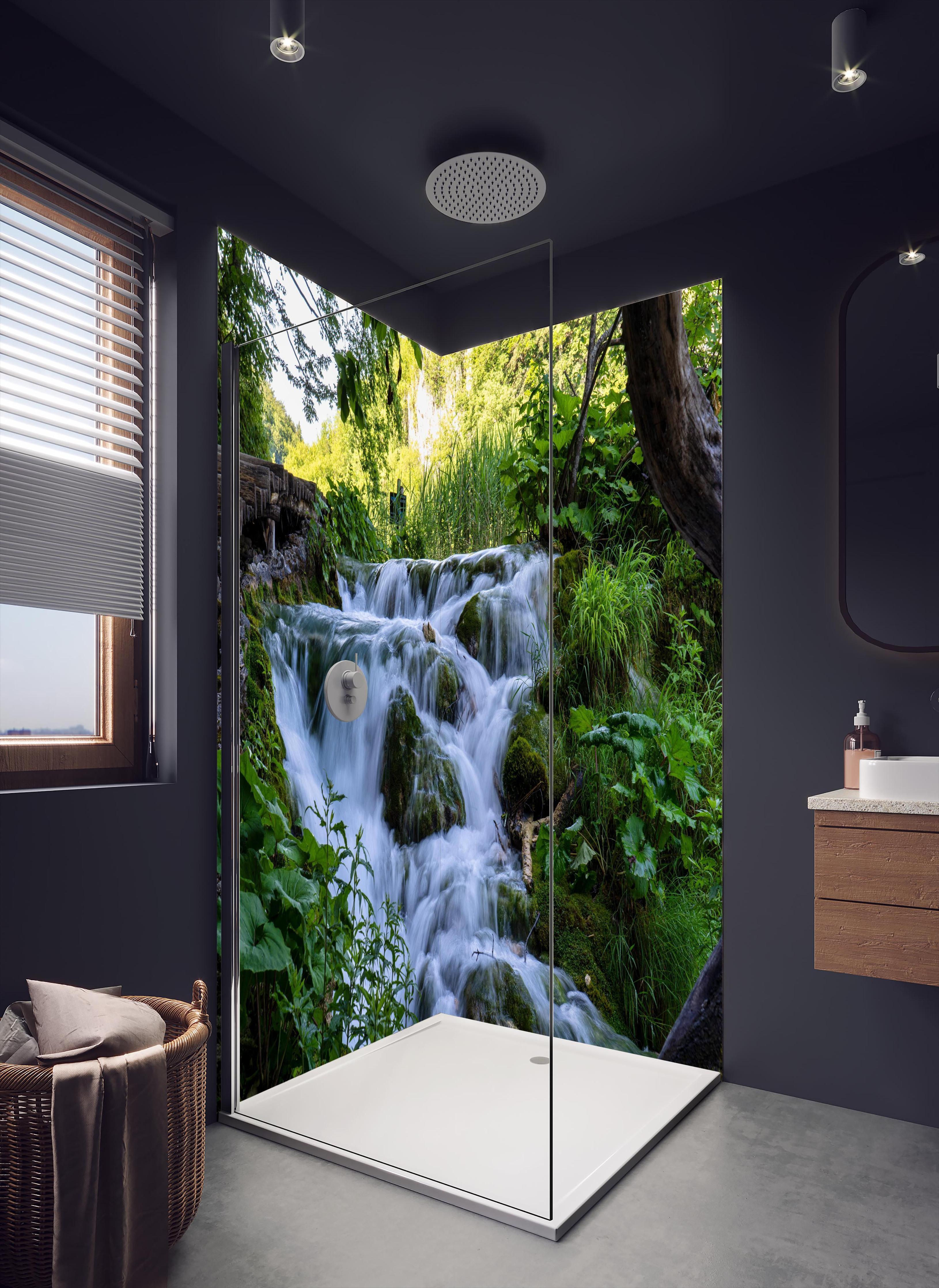 Duschrückwand - Wasserfall im Nationalpark Plitvicer Seen in dunklem Badezimmer mit Regenduschkopf