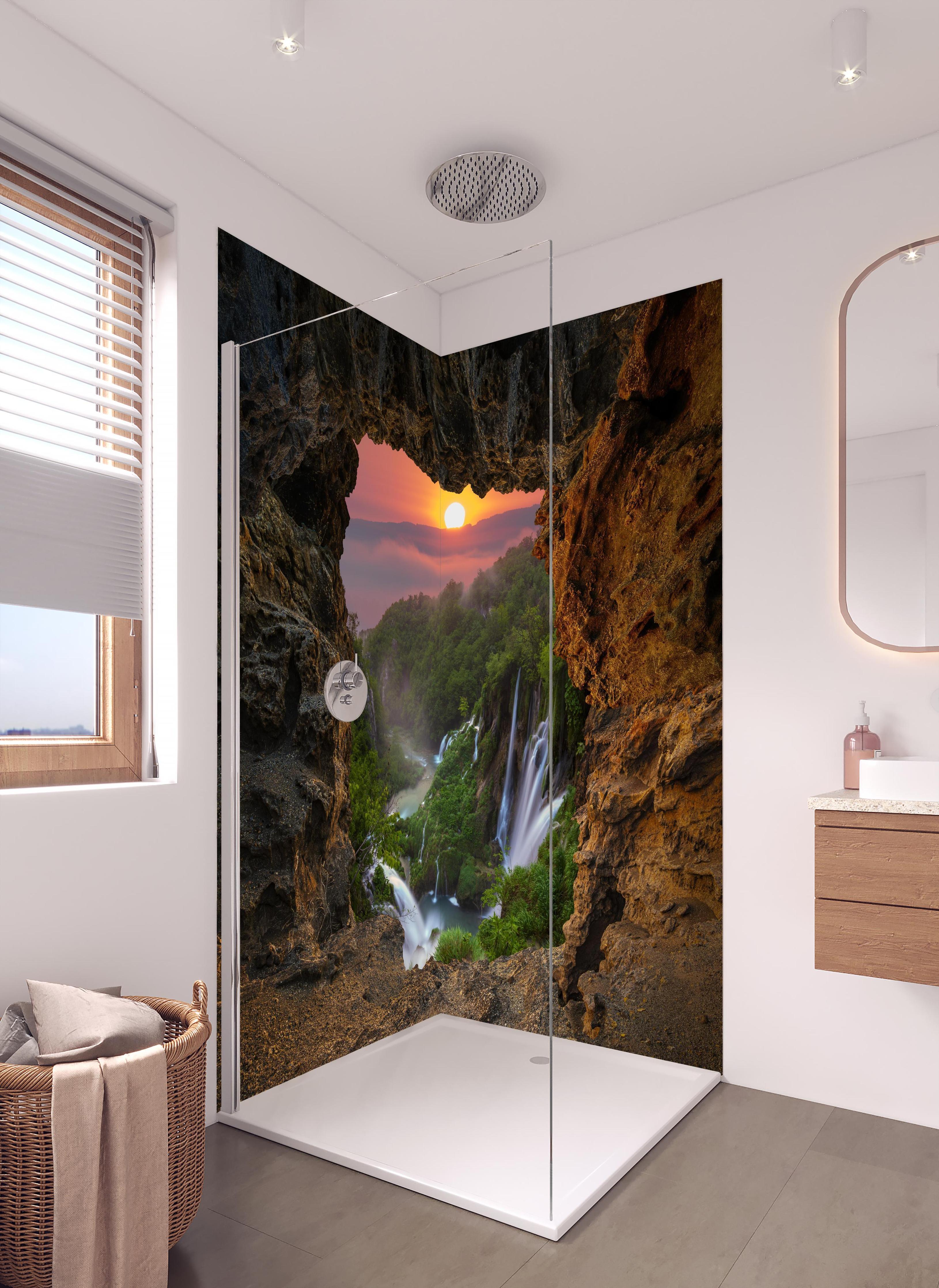 Duschrückwand - Wasserfall im Nationalpark Plitvicer Seen bei Sonnenuntergang in hellem Badezimmer mit Regenduschkopf - zweiteilige Eck-Duschrückwand