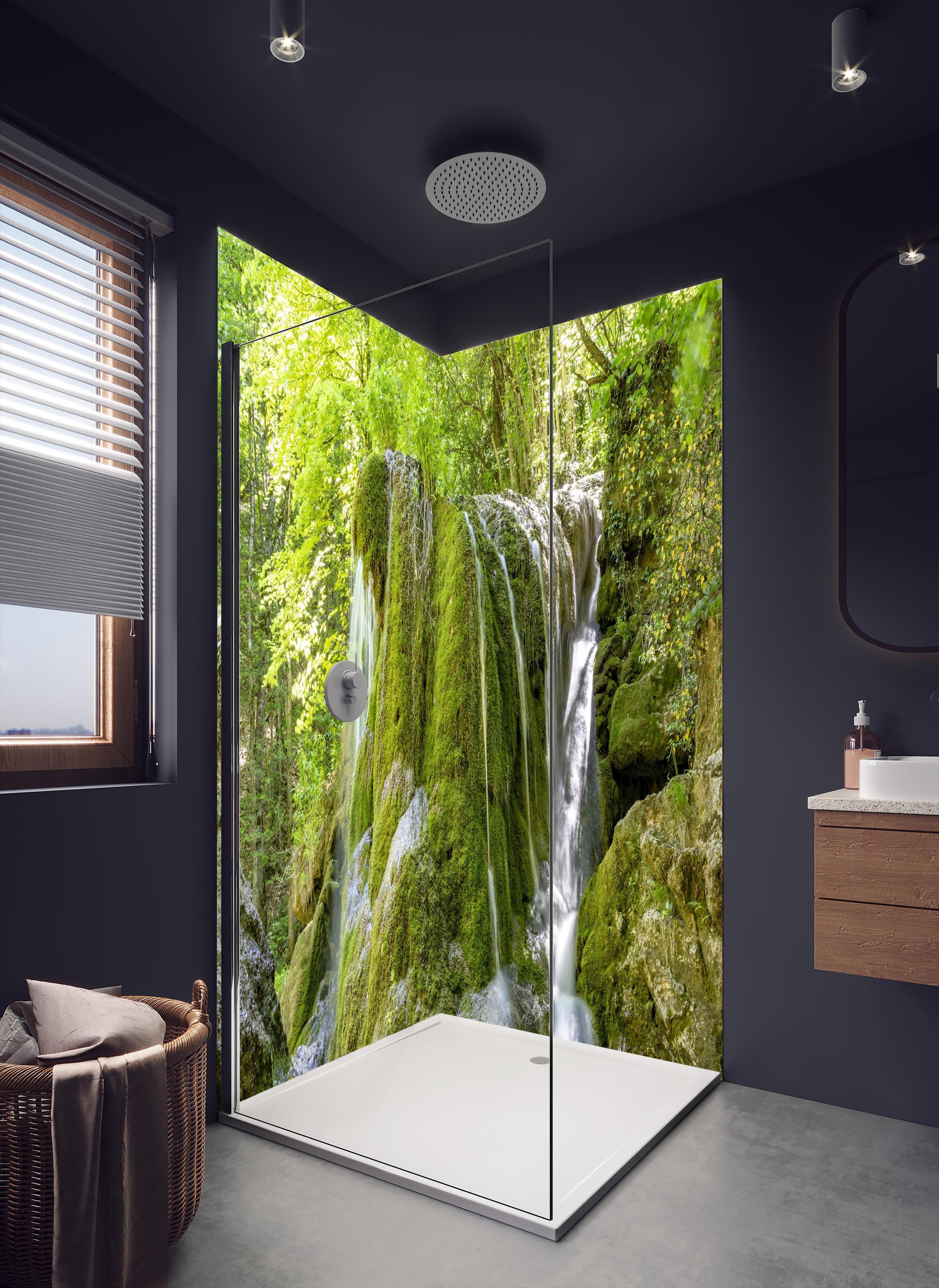Duschrückwand - Wasserfall im Wald - Sevastopol in dunklem Badezimmer mit Regenduschkopf