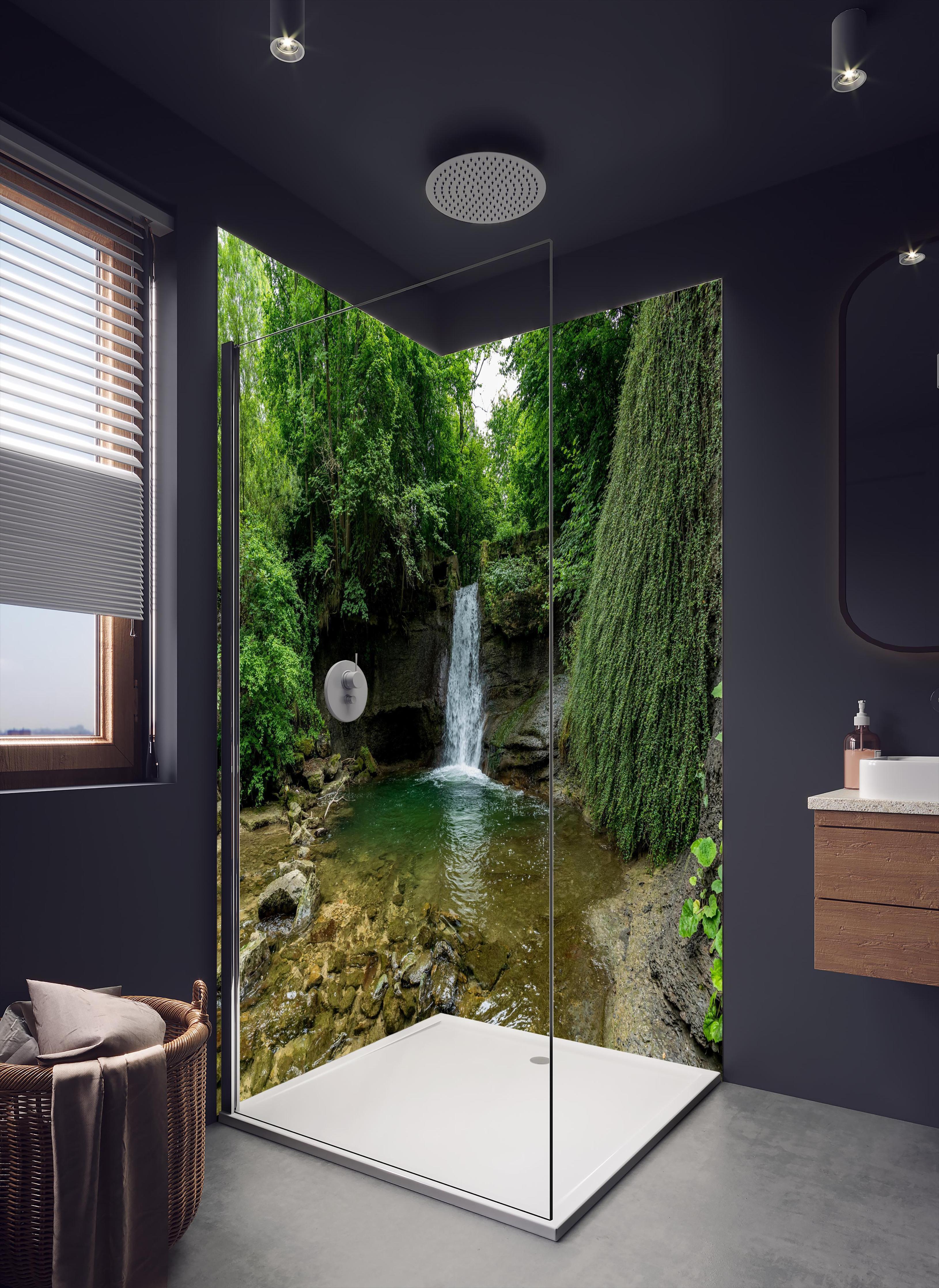 Duschrückwand - Wasserfall im Wald - Utopie in dunklem Badezimmer mit Regenduschkopf