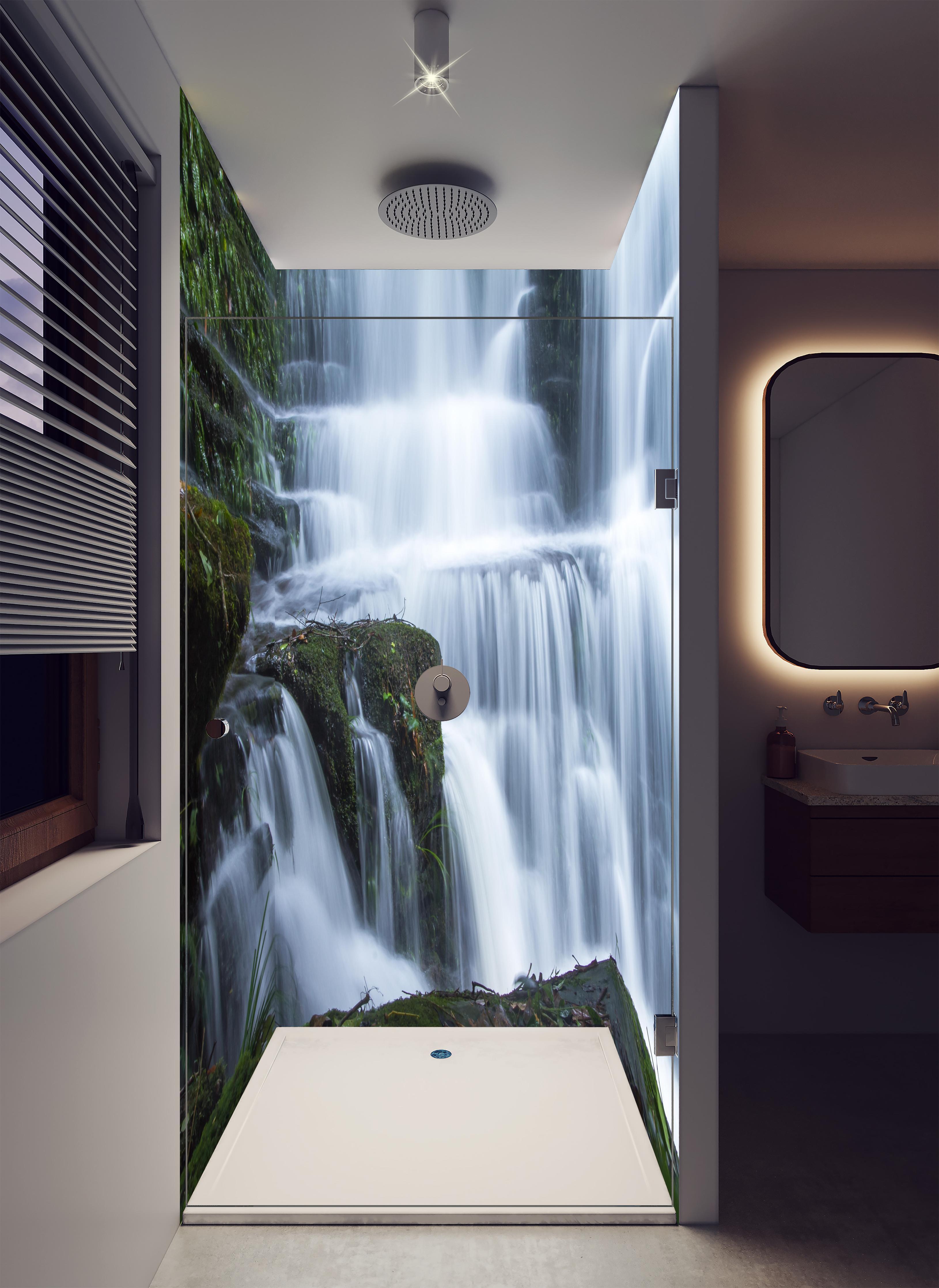 Duschrückwand - Wasserfall im Wald mit Felsen in luxuriöser Dusche mit Regenduschkopf