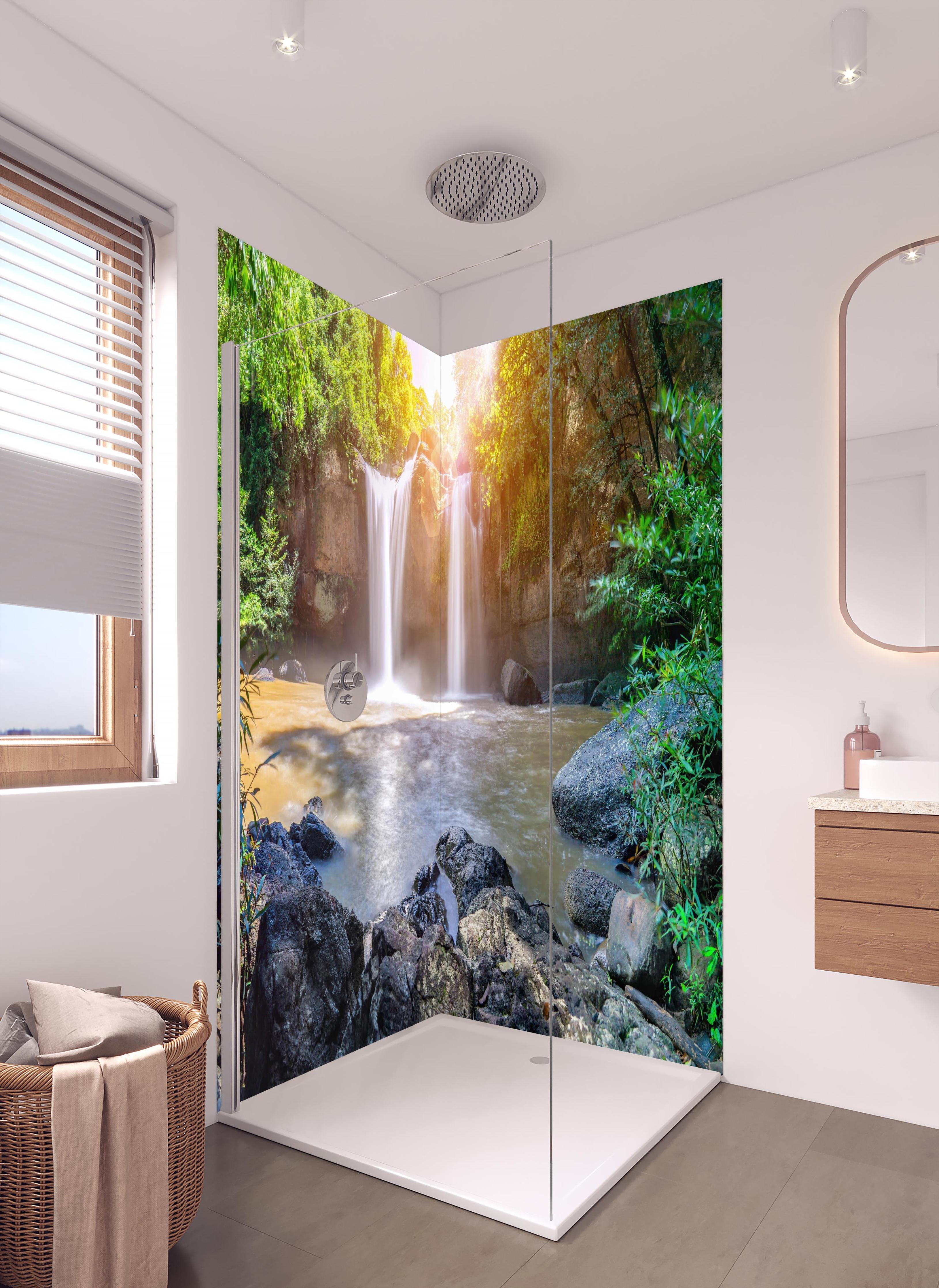 Duschrückwand - Wasserfall in Malaysia - Asien in hellem Badezimmer mit Regenduschkopf - zweiteilige Eck-Duschrückwand