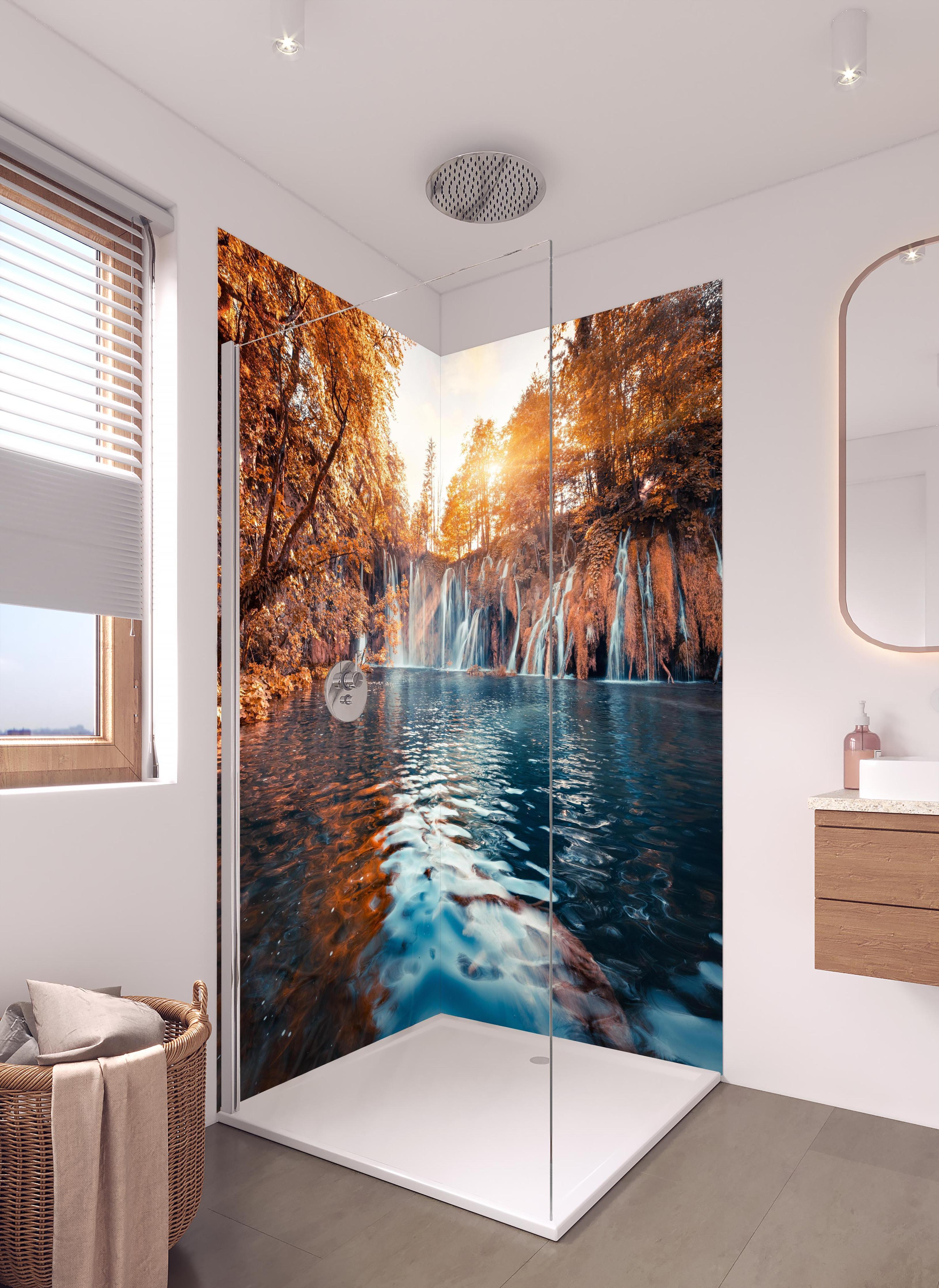 Duschrückwand - Wasserfall in Plitvice Nation bei Sonnenaufgang in hellem Badezimmer mit Regenduschkopf - zweiteilige Eck-Duschrückwand
