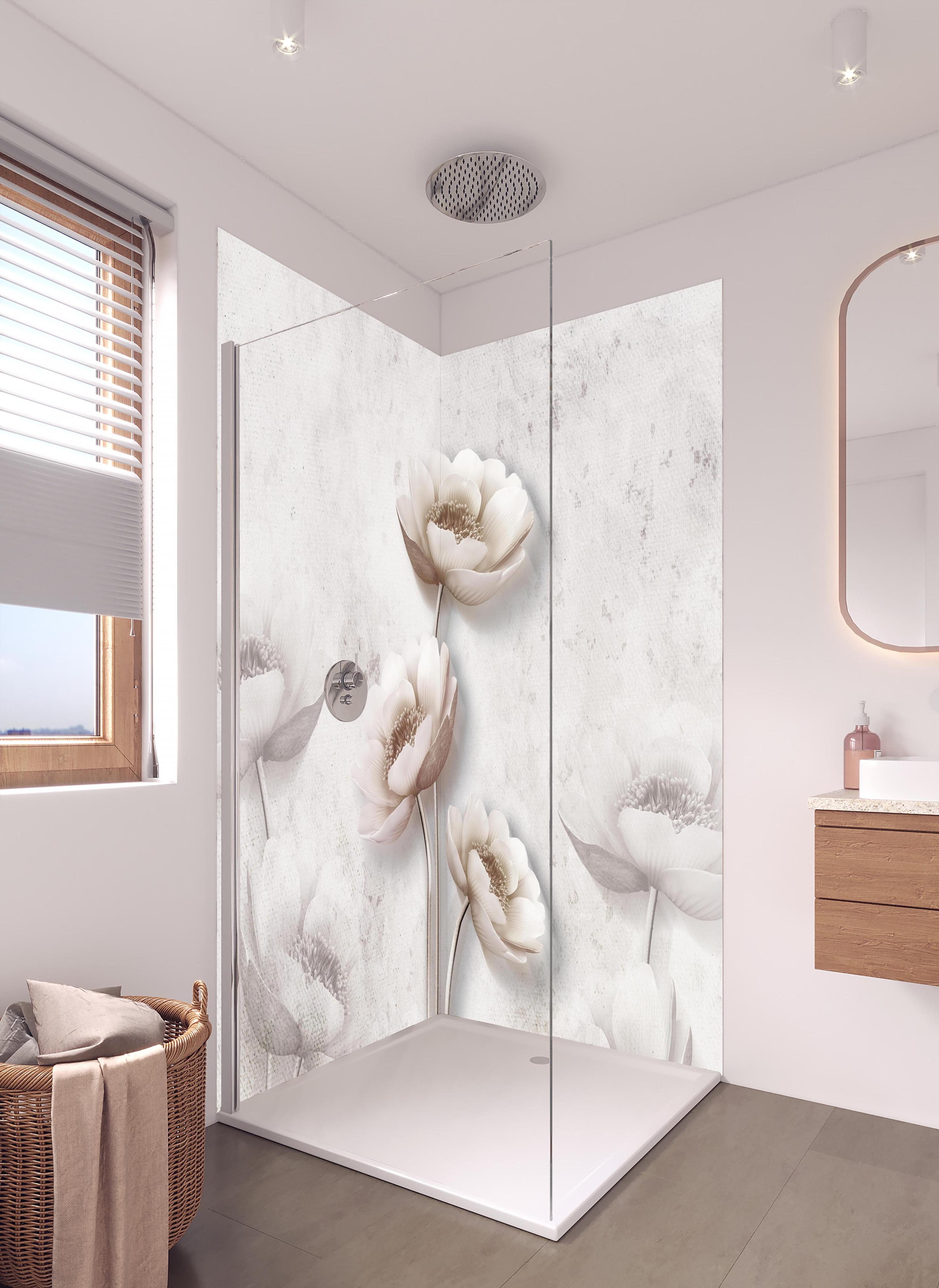 Duschrückwand - Weiße Blume Retrostil in hellem Badezimmer mit Regenduschkopf - zweiteilige Eck-Duschrückwand