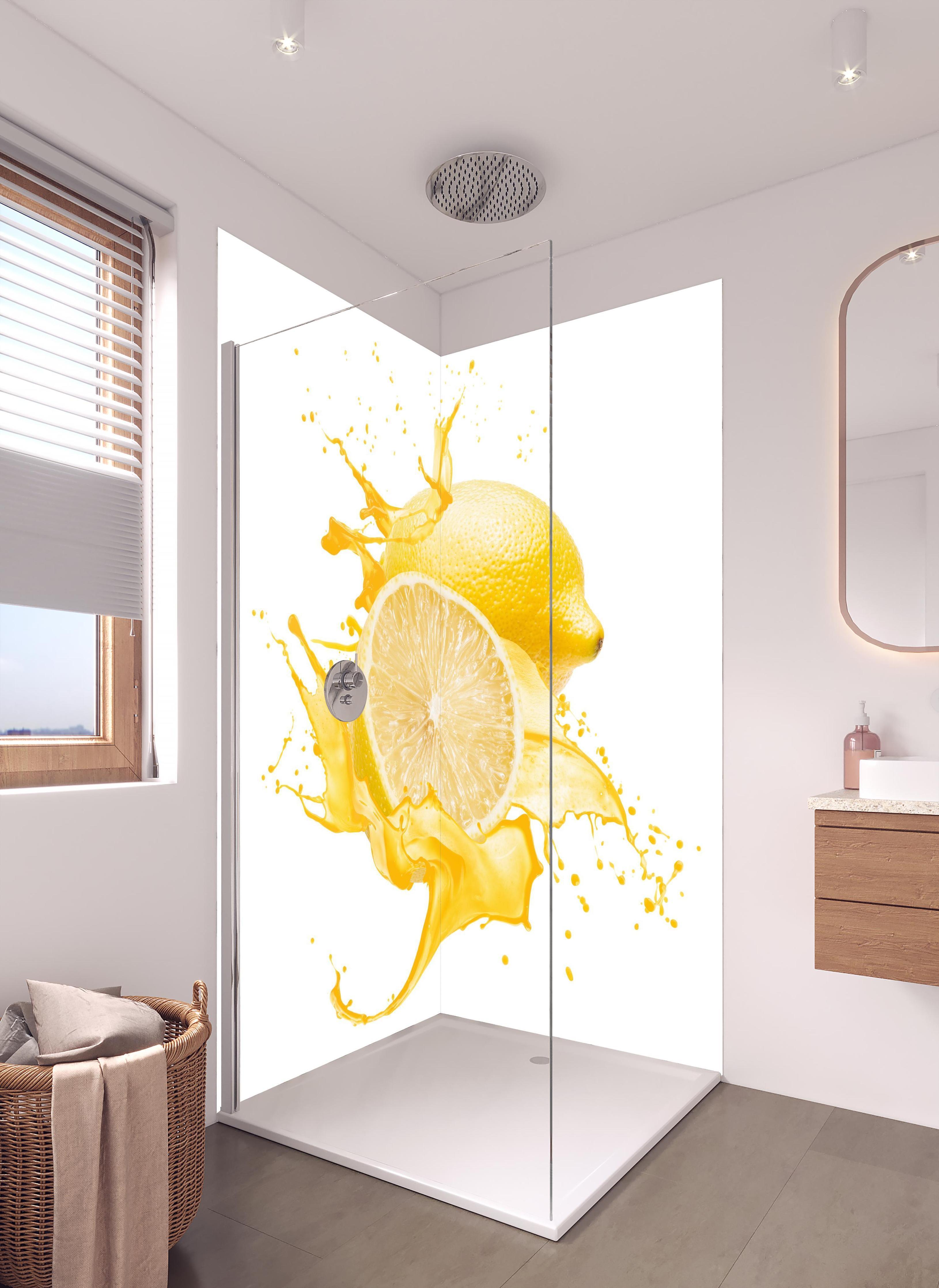 Duschrückwand - Zitronen in gelbem Saft in hellem Badezimmer mit Regenduschkopf - zweiteilige Eck-Duschrückwand