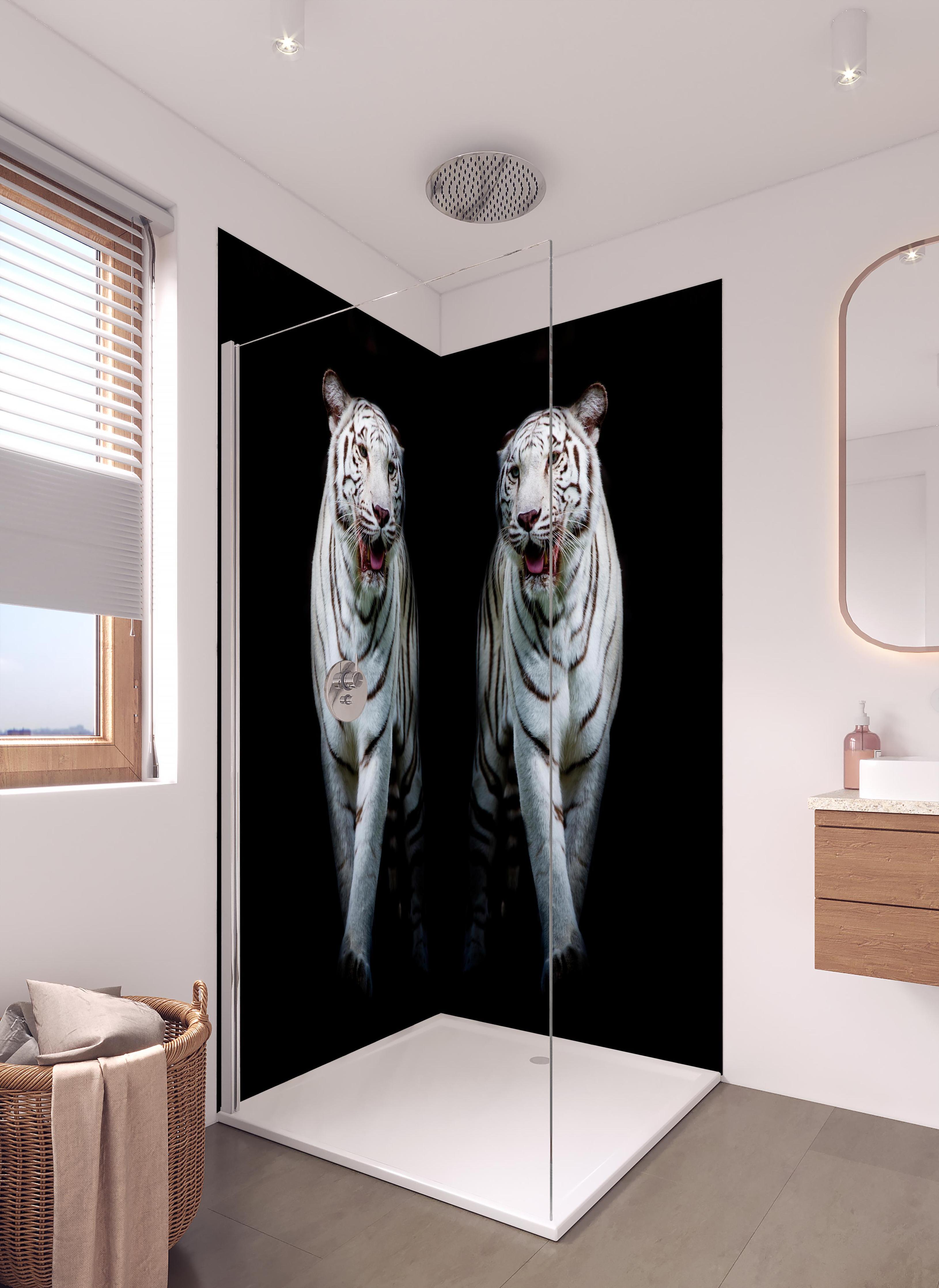 Duschrückwand - Zwei weiße Tiger auf schwarzem Hintergrund in hellem Badezimmer mit Regenduschkopf - zweiteilige Eck-Duschrückwand