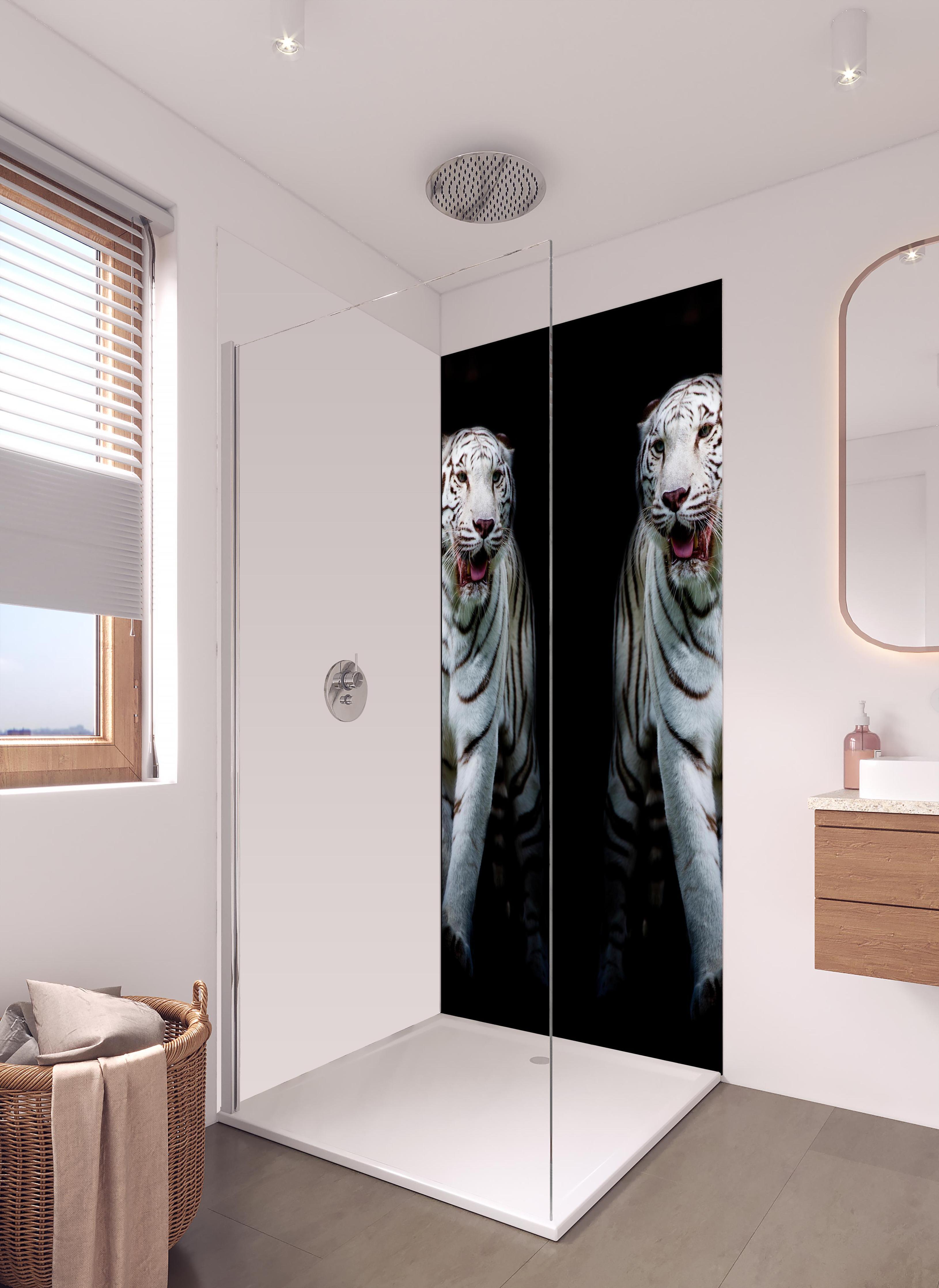 Duschrückwand - Zwei weiße Tiger auf schwarzem Hintergrund in hellem Badezimmer mit Regenduschkopf - einteilige Duschrückwand