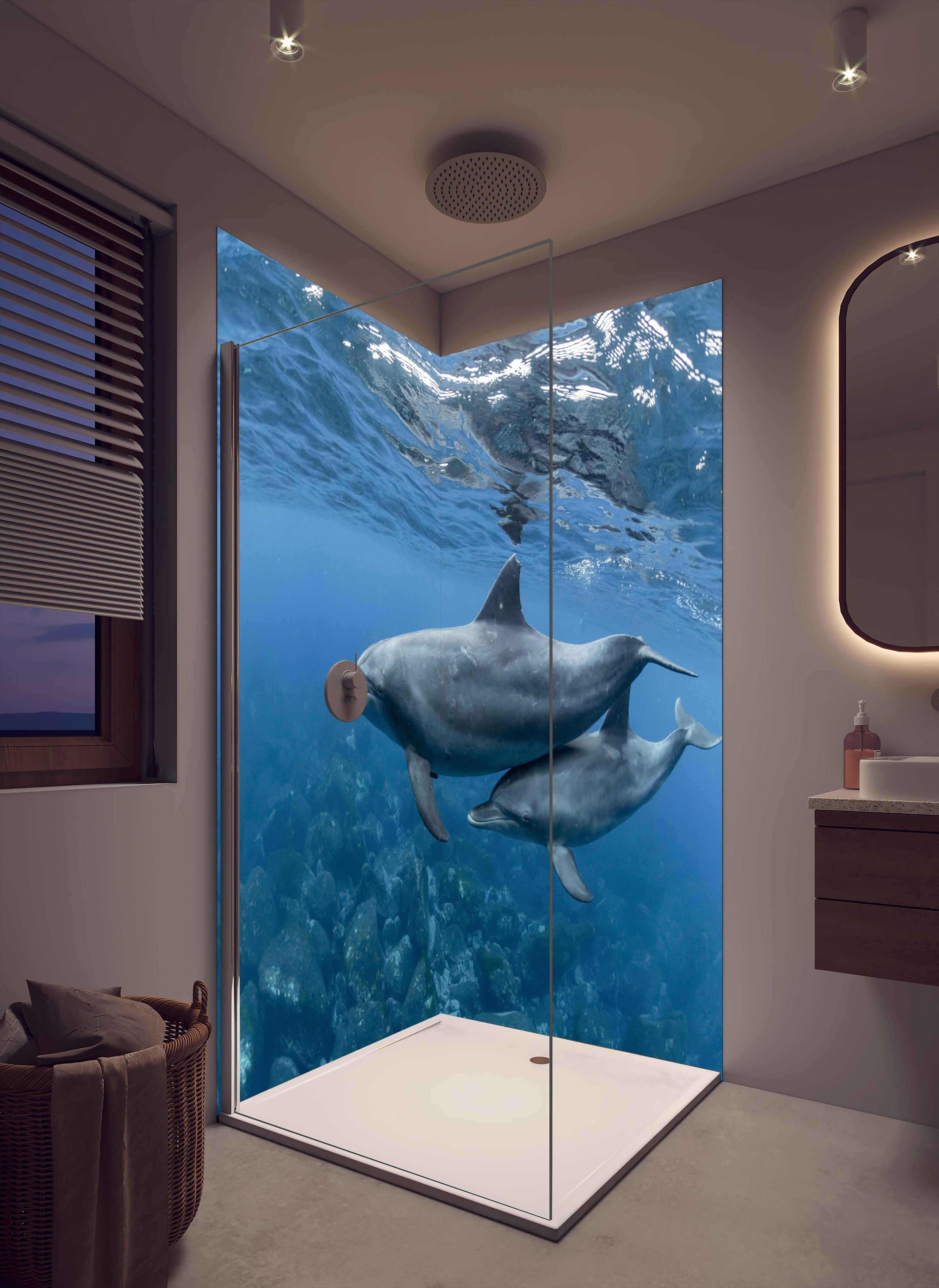 Duschrückwand - niedliche Delfin-Familie in cremefarbenem Badezimmer mit Regenduschkopf