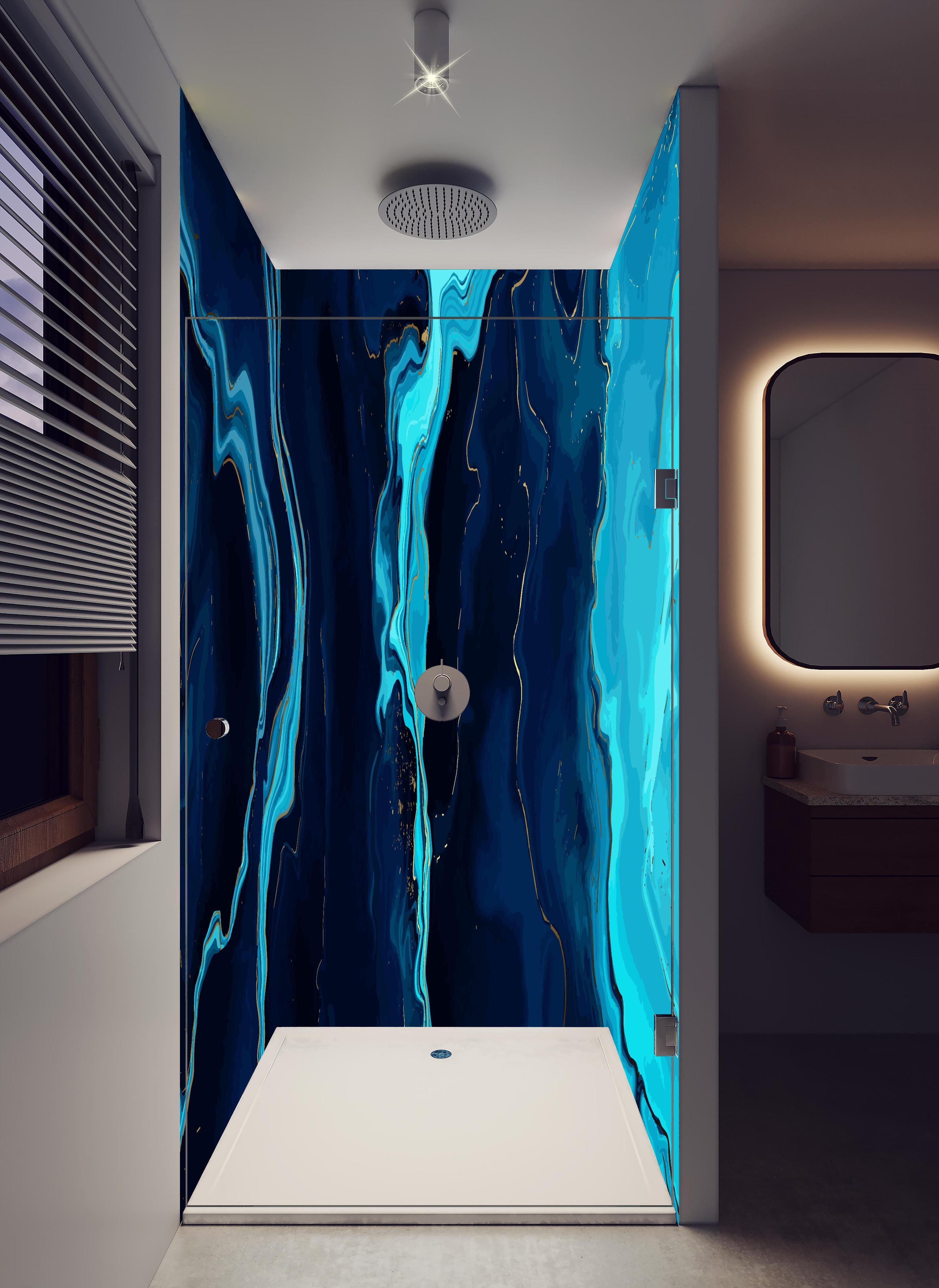 Duschrückwand - Dynamische Blau-Türkis Fluid Art Malerei in hellem Badezimmer mit Regenduschkopf - zweiteilige Eck-Duschrückwand