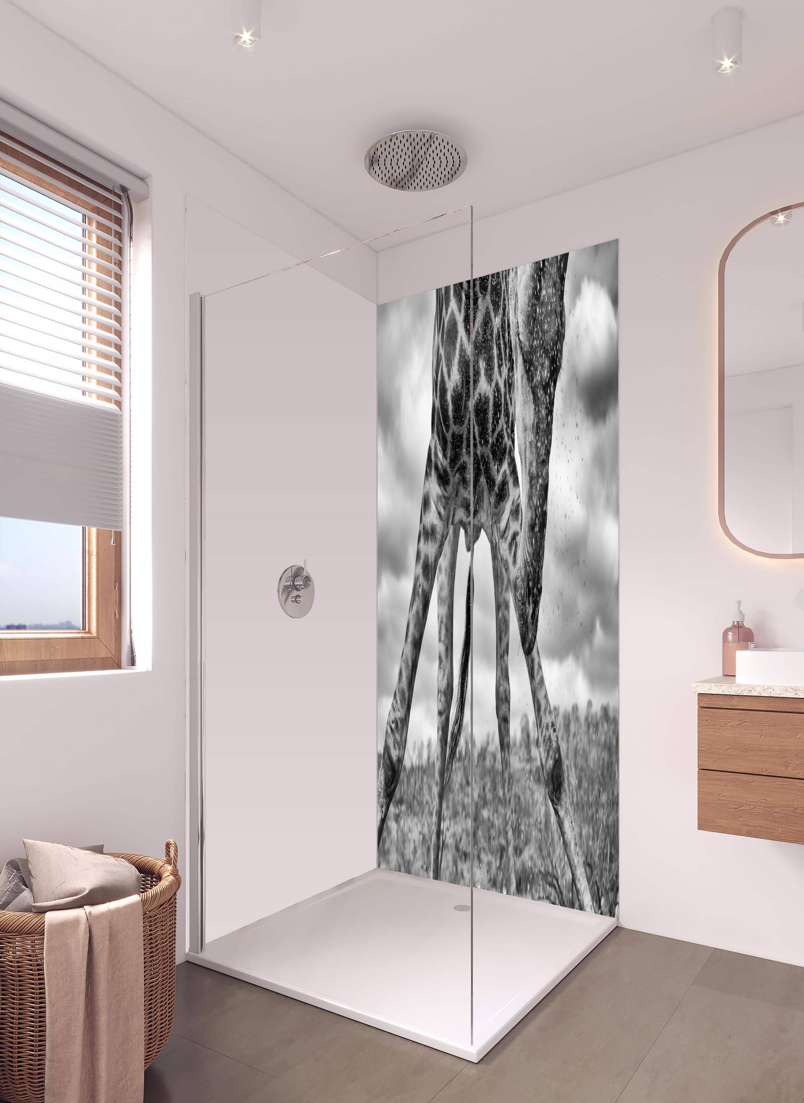 Duschrückwand - Dynamische Giraffe Schwarz-Weiß Momentaufnahme in hellem Badezimmer mit Regenduschkopf - zweiteilige Eck-Duschrückwand