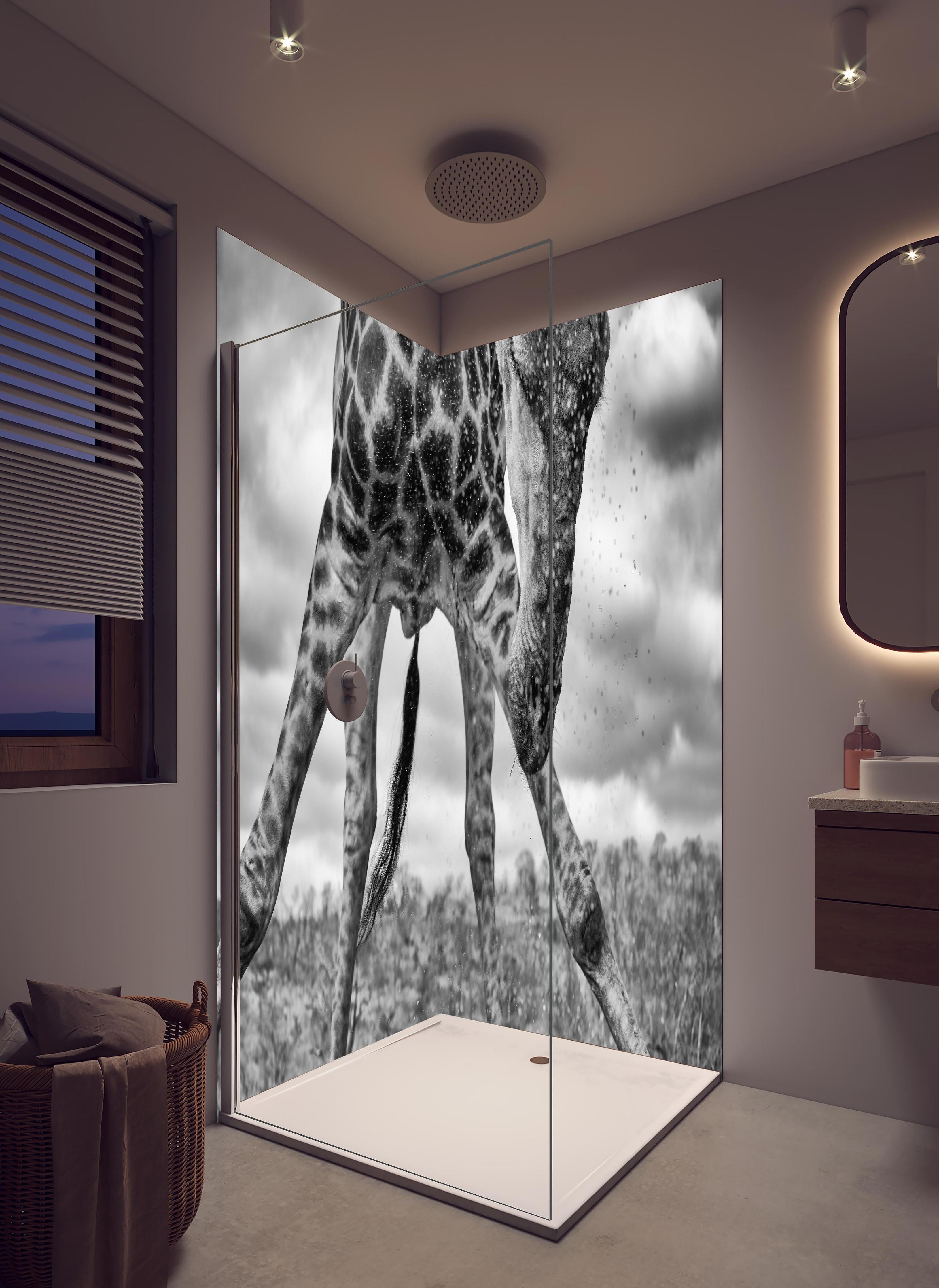 Duschrückwand - Dynamische Giraffe Schwarz-Weiß Momentaufnahme in hellem Badezimmer mit Regenduschkopf - zweiteilige Eck-Duschrückwand