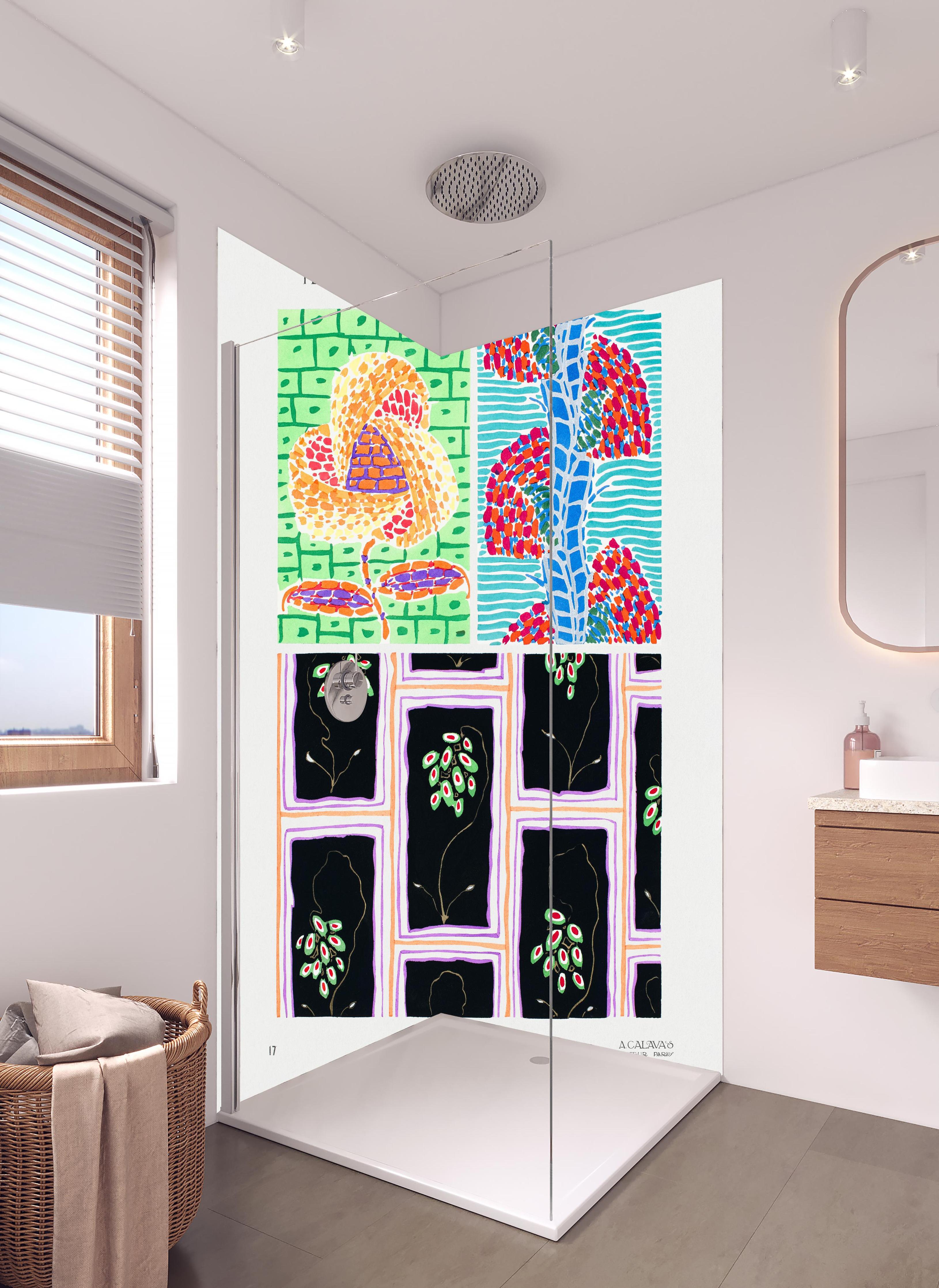 Duschrückwand - EA Seguy Vintage Blumen Kunstwerk in hellem Badezimmer mit Regenduschkopf - zweiteilige Eck-Duschrückwand