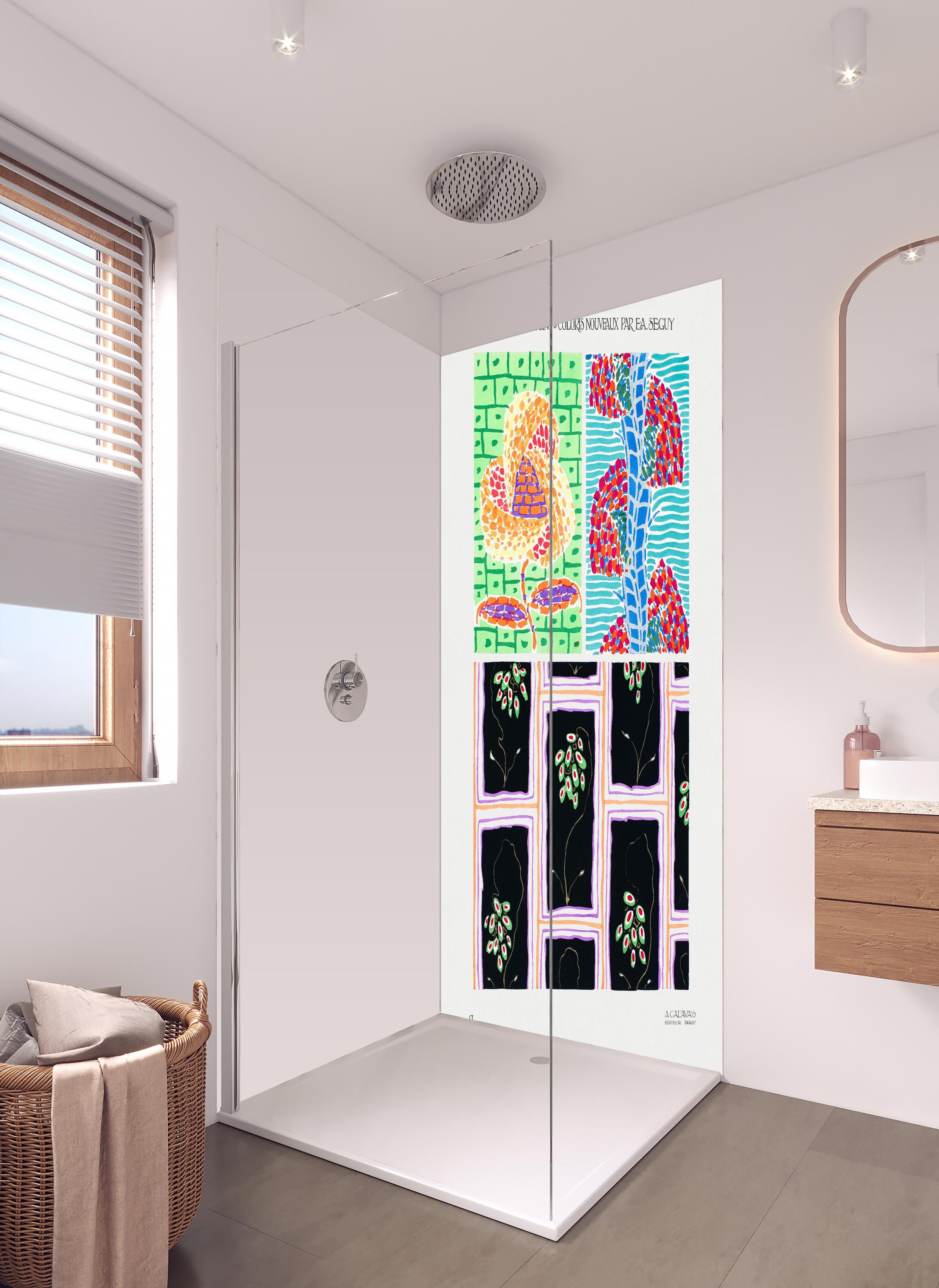 Duschrückwand - EA Seguy Vintage Blumen Kunstwerk in hellem Badezimmer mit Regenduschkopf - zweiteilige Eck-Duschrückwand