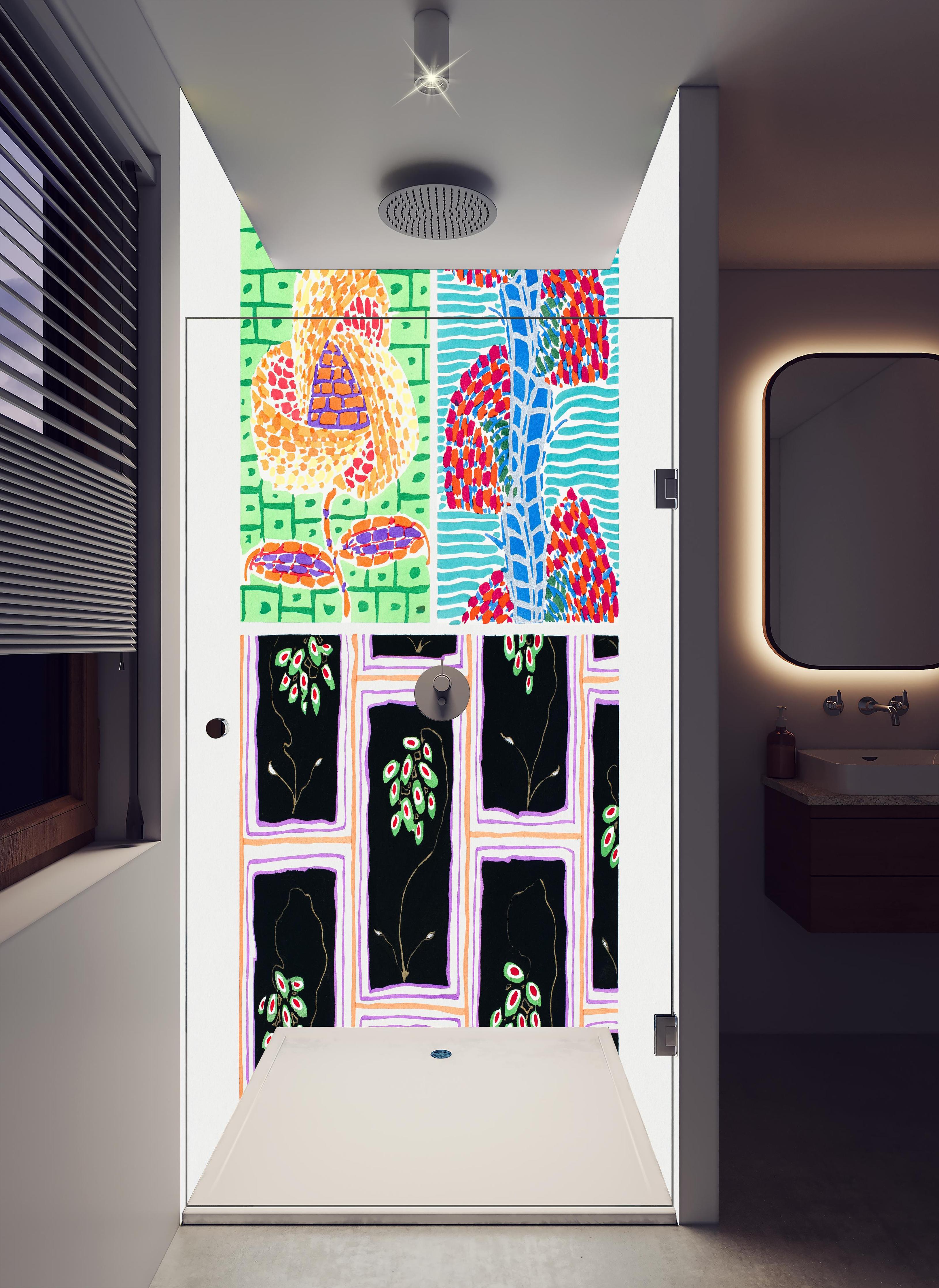 Duschrückwand - EA Seguy Vintage Blumen Kunstwerk in hellem Badezimmer mit Regenduschkopf - zweiteilige Eck-Duschrückwand