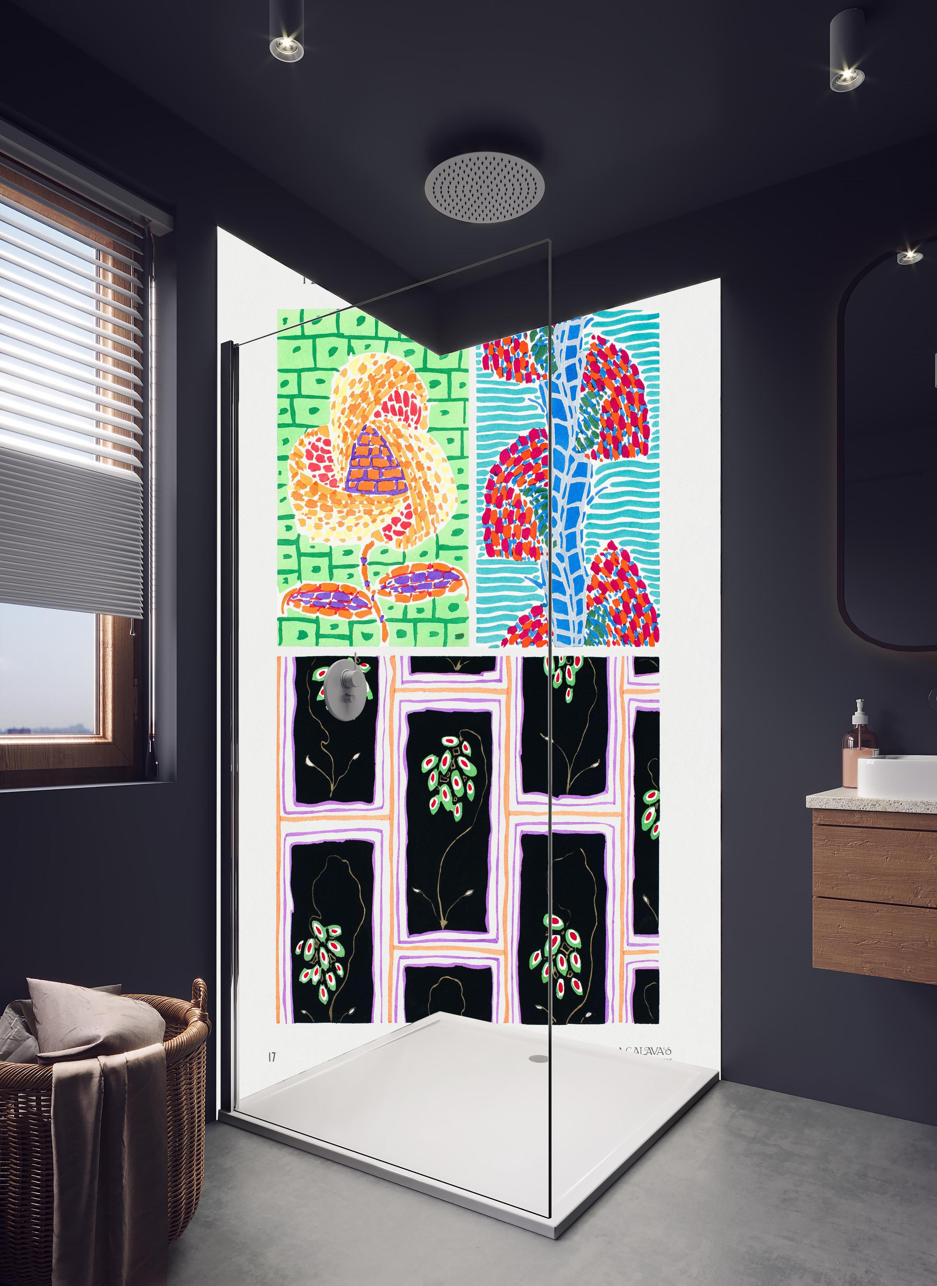 Duschrückwand - EA Seguy Vintage Blumen Kunstwerk in hellem Badezimmer mit Regenduschkopf - zweiteilige Eck-Duschrückwand