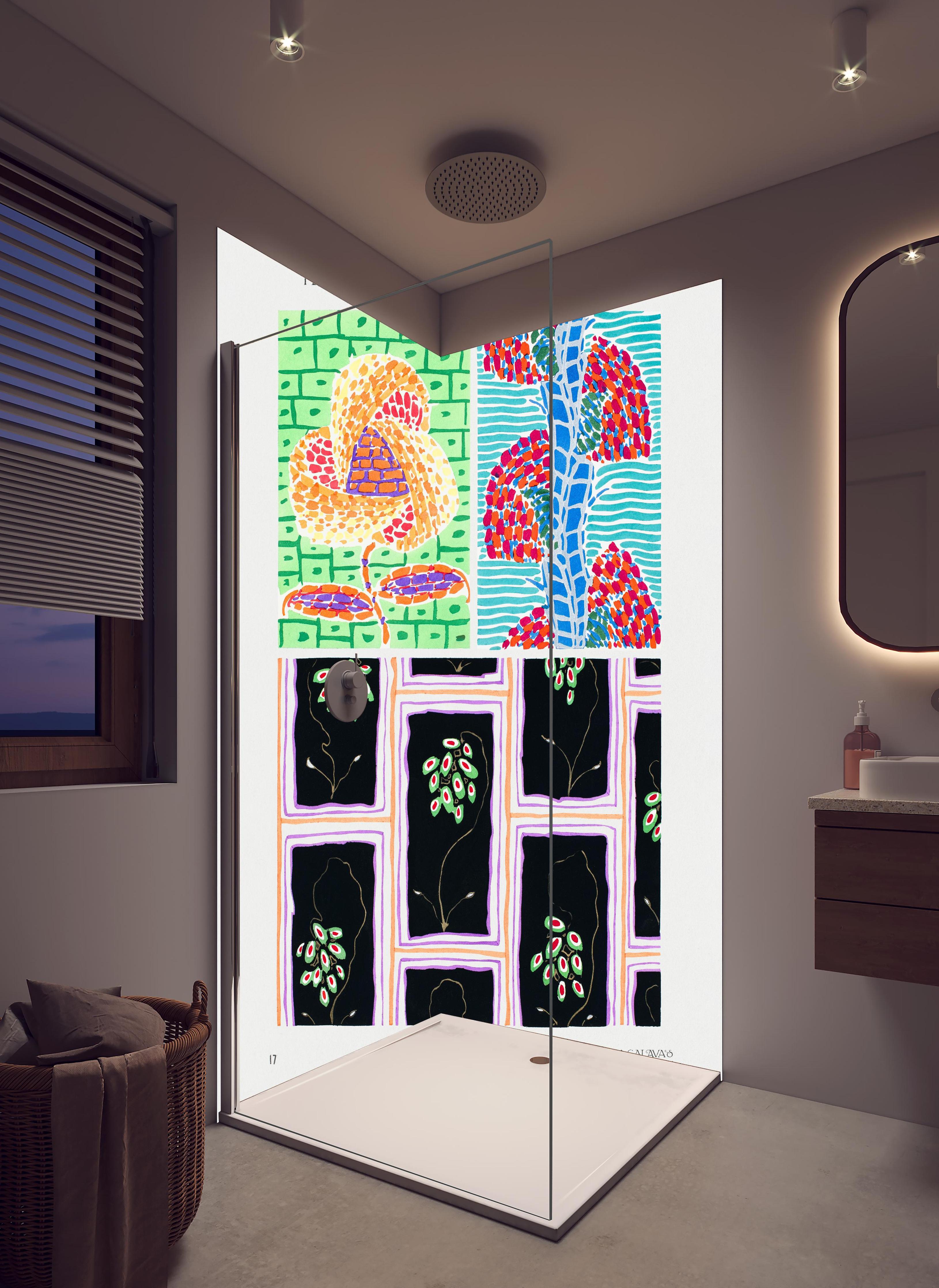 Duschrückwand - EA Seguy Vintage Blumen Kunstwerk in hellem Badezimmer mit Regenduschkopf - zweiteilige Eck-Duschrückwand