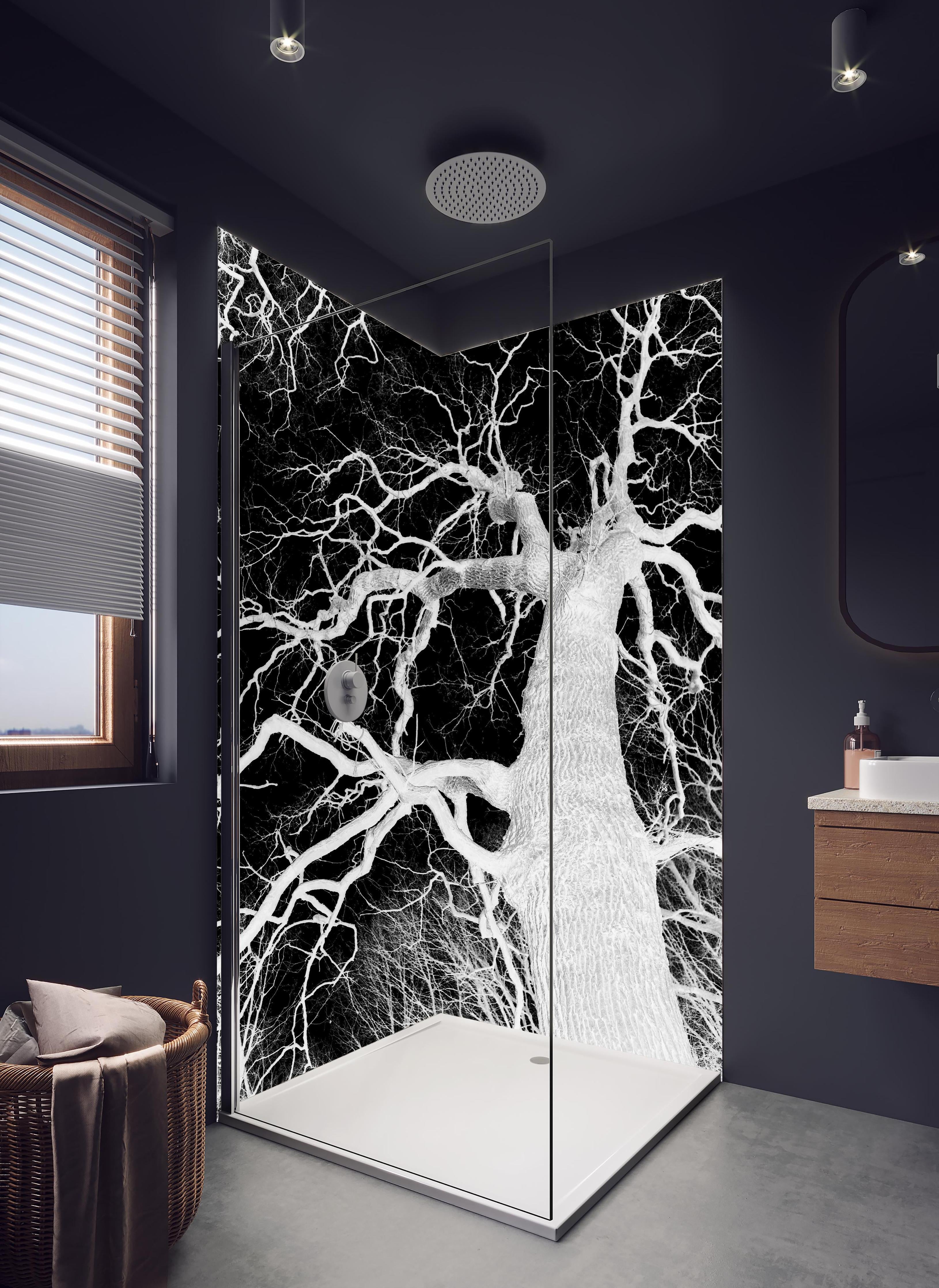 Duschrückwand - Eichenbaum schwarz, weiß im Winter in hellem Badezimmer mit Regenduschkopf - zweiteilige Eck-Duschrückwand