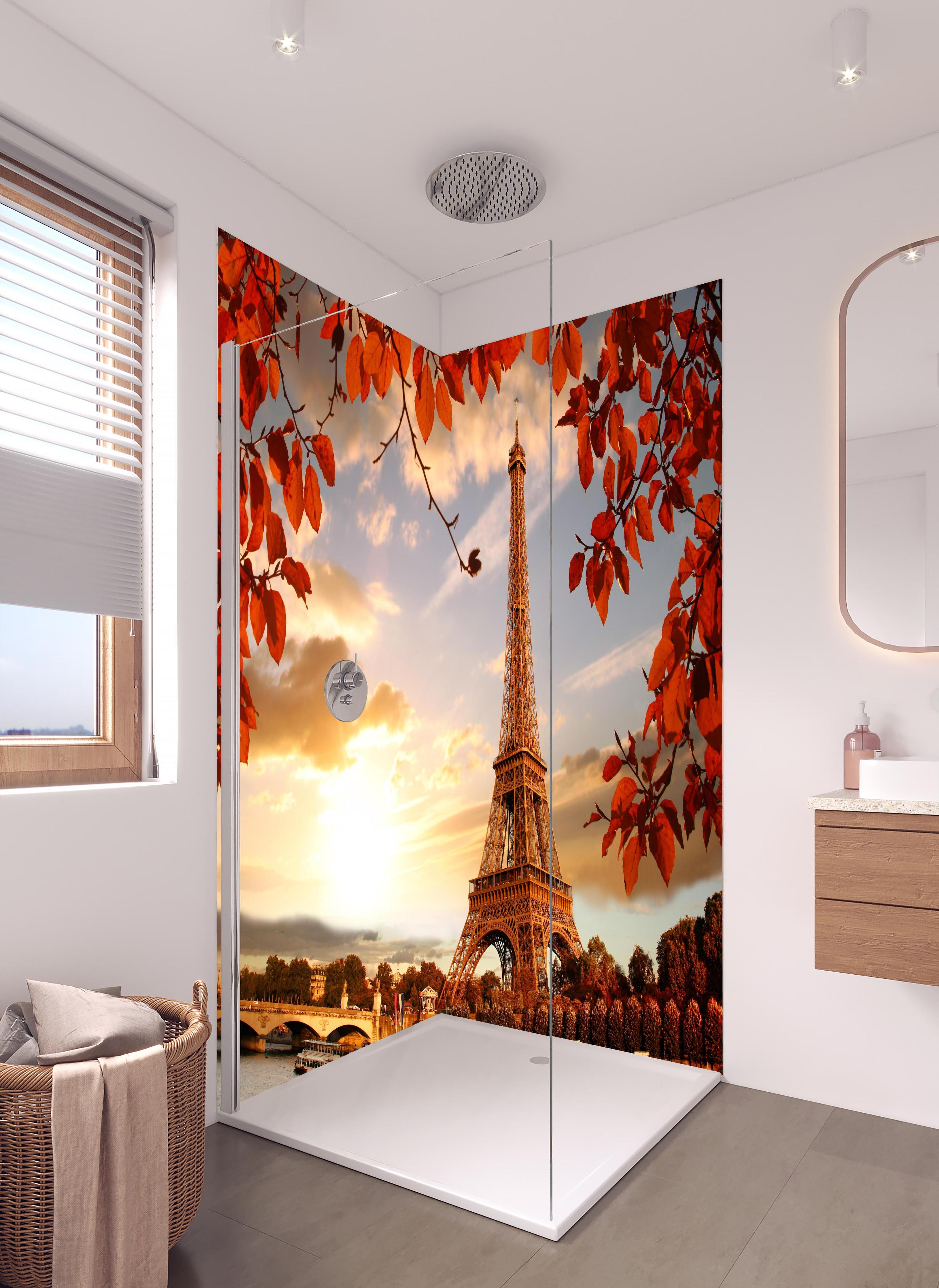 Duschrückwand - Eiffelturm mit Herbstlaub in Paris in hellem Badezimmer mit Regenduschkopf - zweiteilige Eck-Duschrückwand