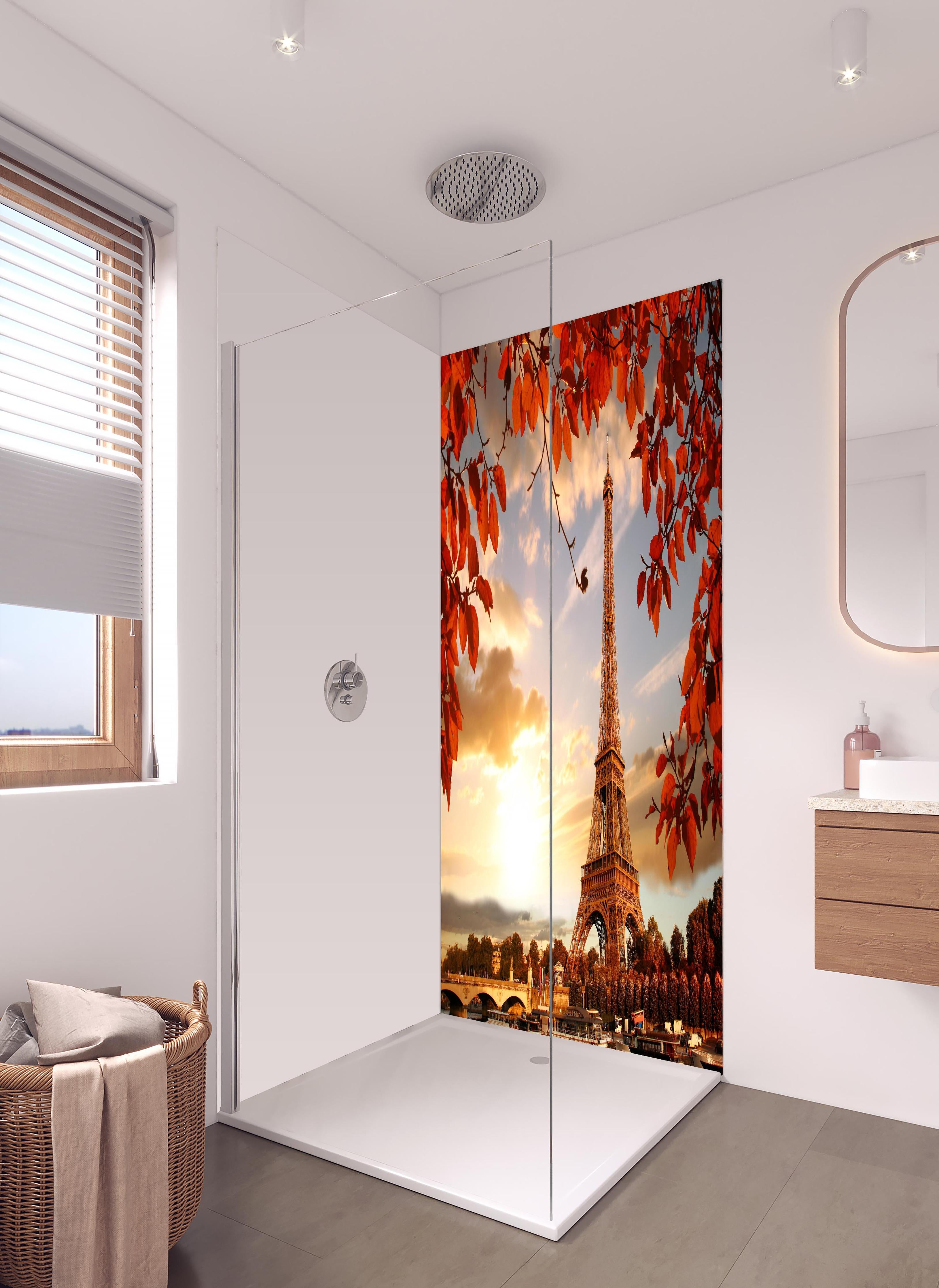 Duschrückwand - Eiffelturm mit Herbstlaub in Paris in hellem Badezimmer mit Regenduschkopf - zweiteilige Eck-Duschrückwand