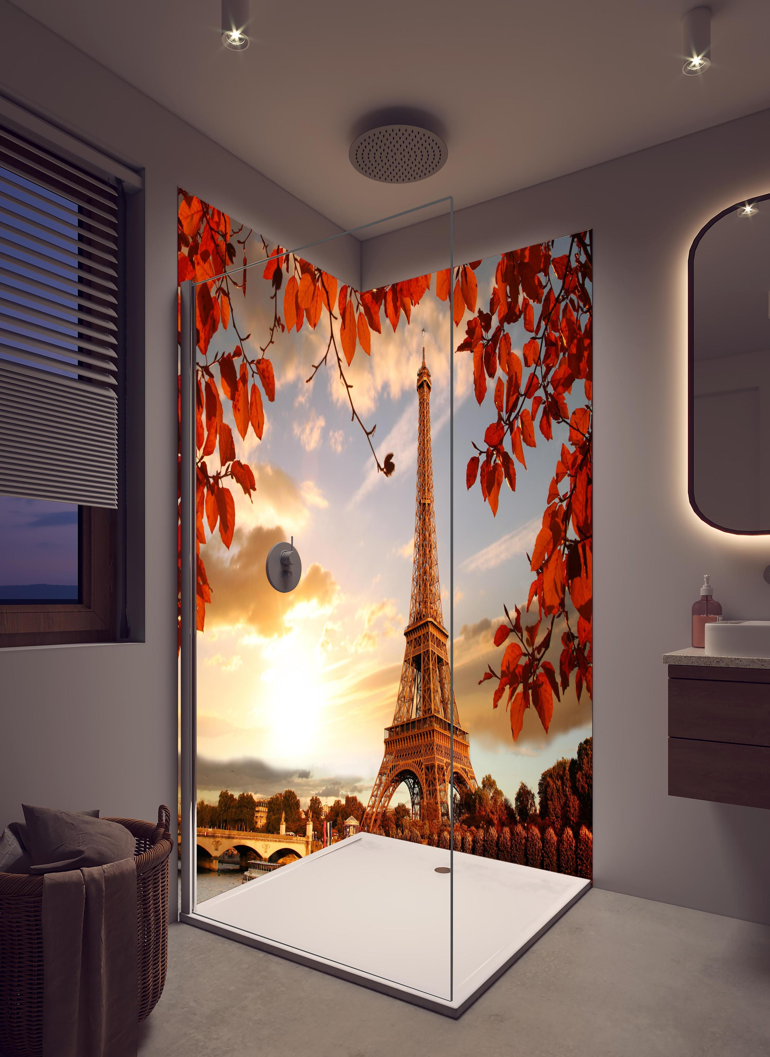 Duschrückwand - Eiffelturm mit Herbstlaub in Paris in hellem Badezimmer mit Regenduschkopf - zweiteilige Eck-Duschrückwand