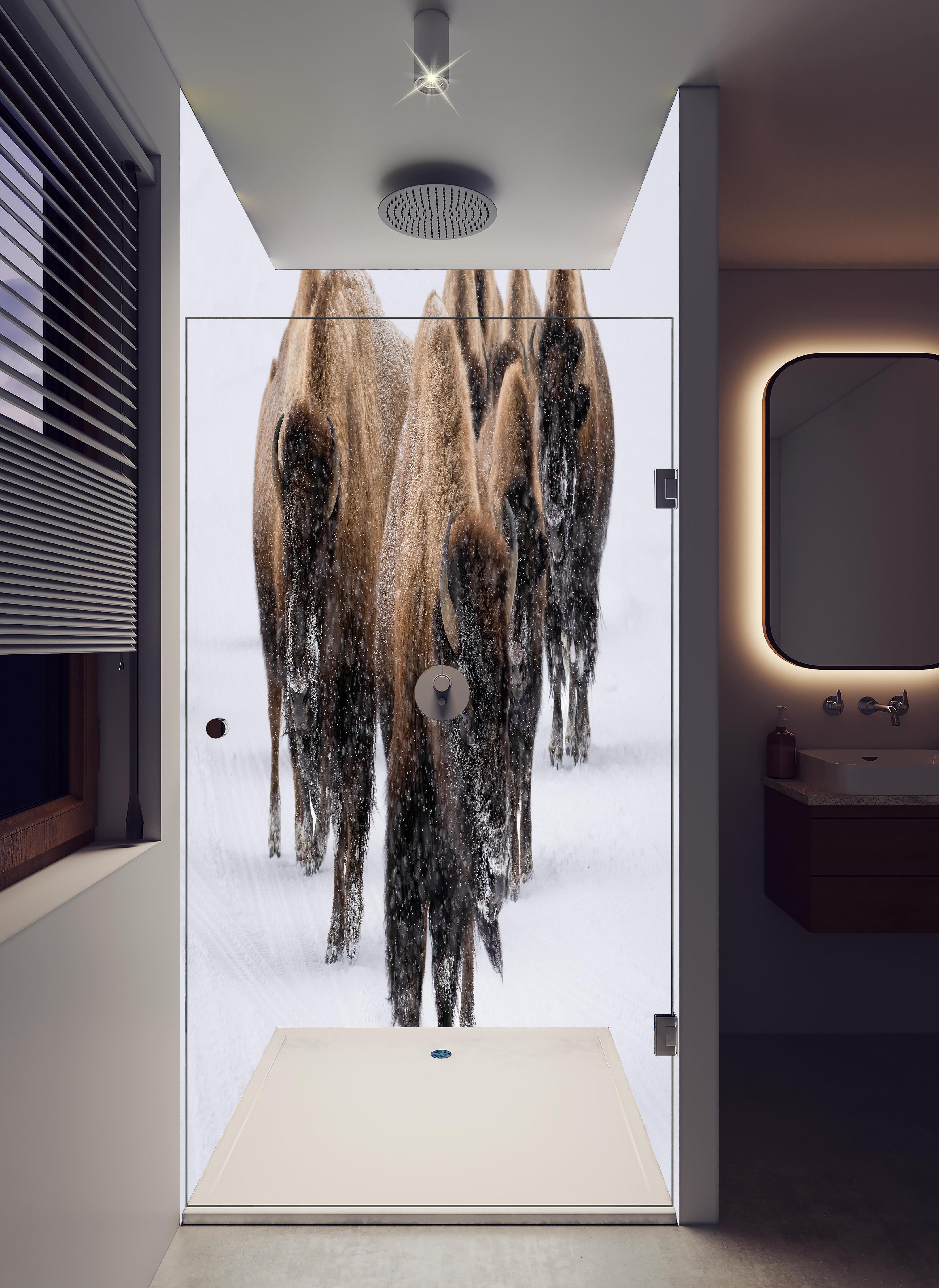 Duschrückwand - Eine Bison Herde in hellem Badezimmer mit Regenduschkopf - zweiteilige Eck-Duschrückwand