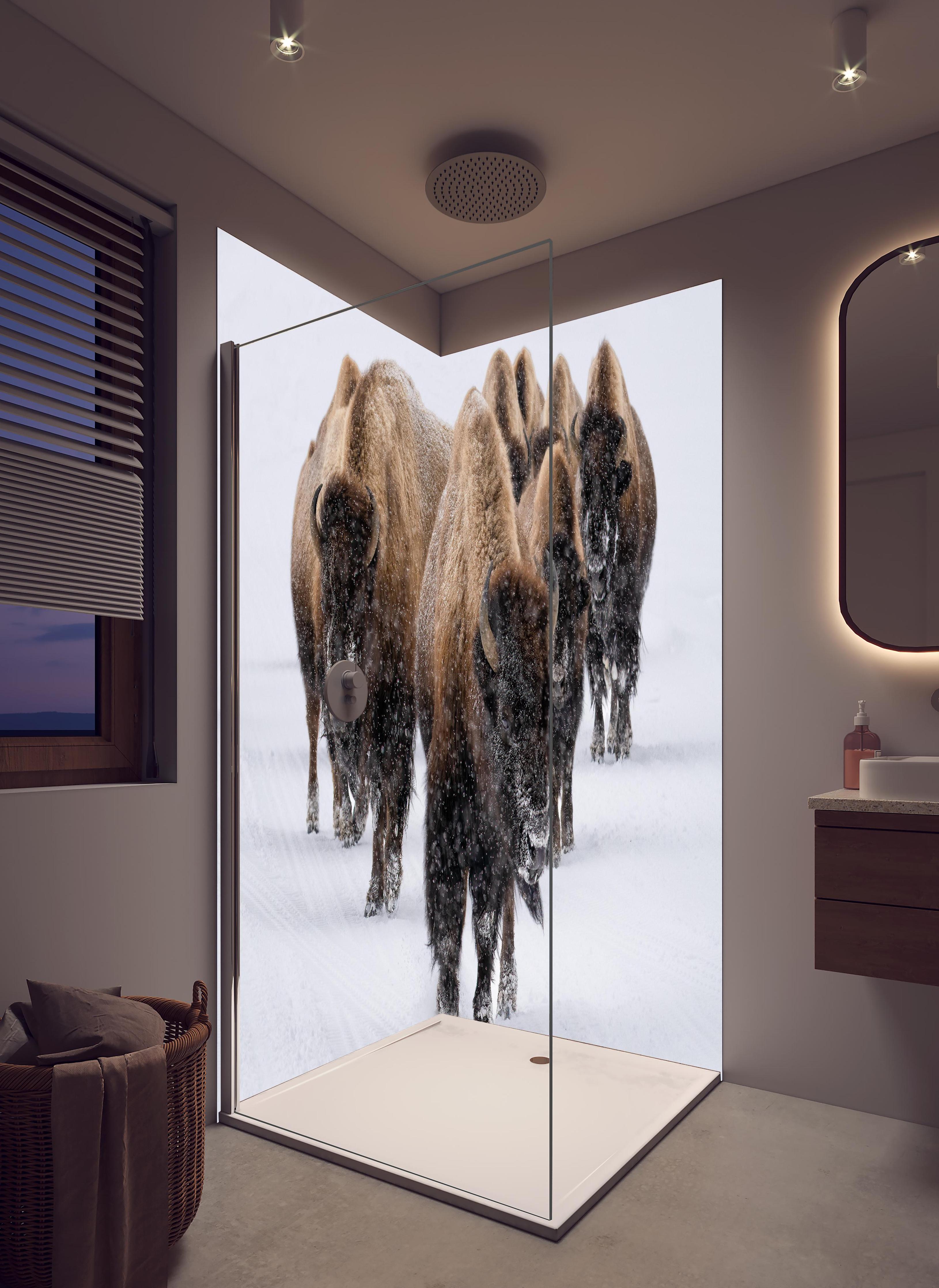 Duschrückwand - Eine Bison Herde in hellem Badezimmer mit Regenduschkopf - zweiteilige Eck-Duschrückwand